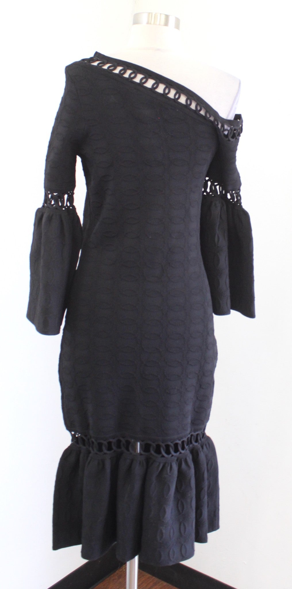 NWT Jonathan Simkhai Black Structured Knit Off Shoulder Eyelet Flounce Dress S