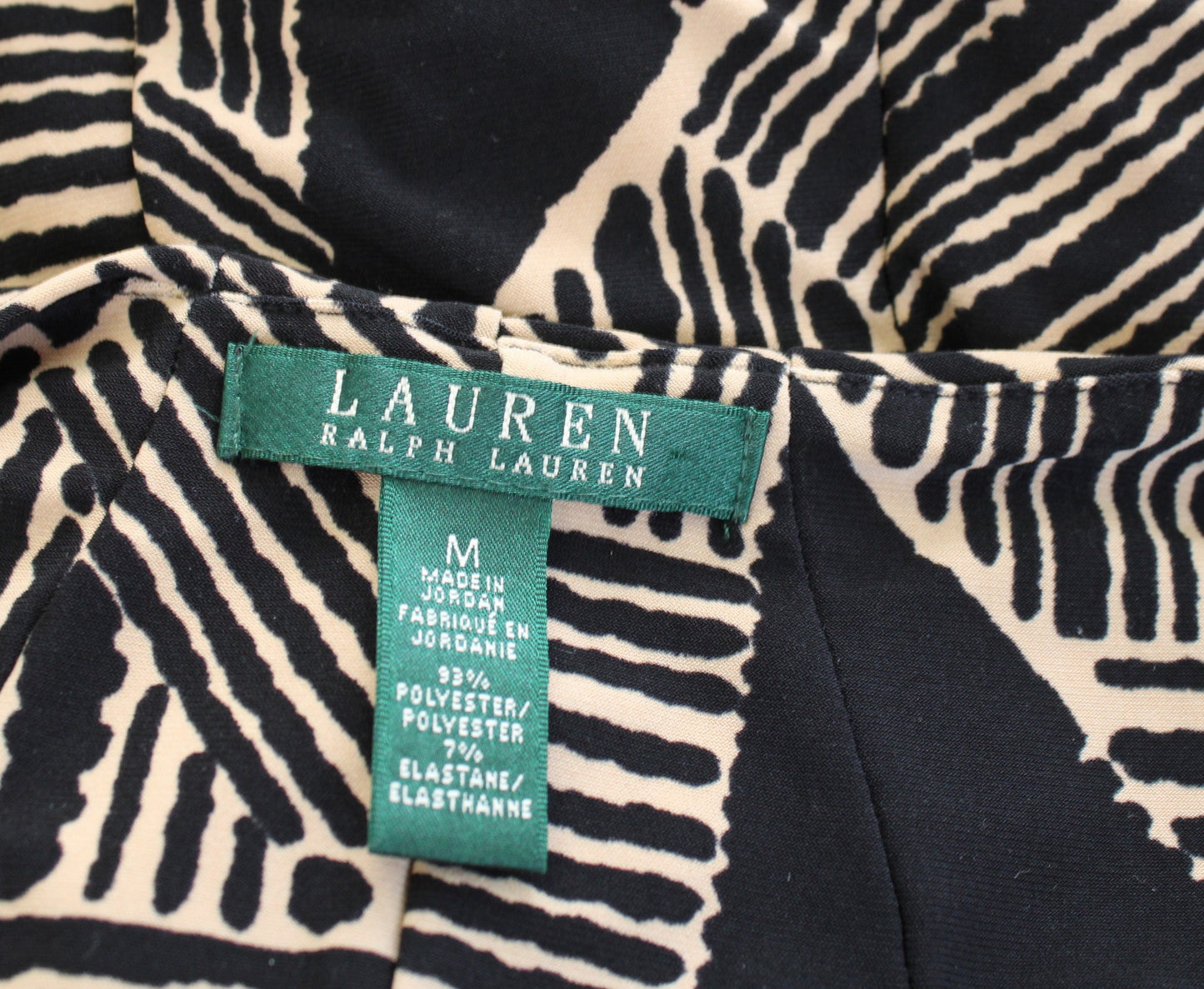 Lauren Ralph Lauren Black Tan Geometric Print Sleeveless Ruched Wiggle Dress M