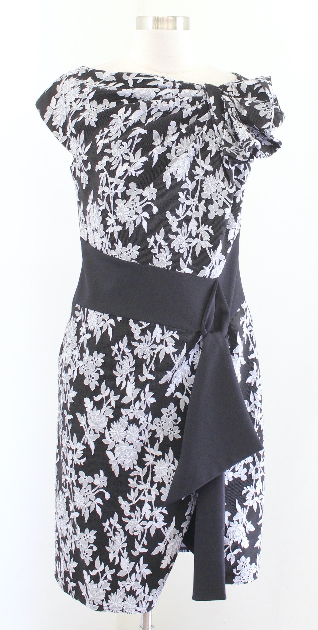Tadashi Shoji Black Gray Floral Sanyu Stretch Jacquard Dress