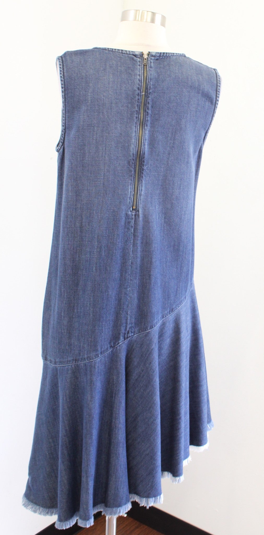 Cloth and Stone Anthropologie Denim Asymmetrical Hem Frayed Dress Size S V Neck