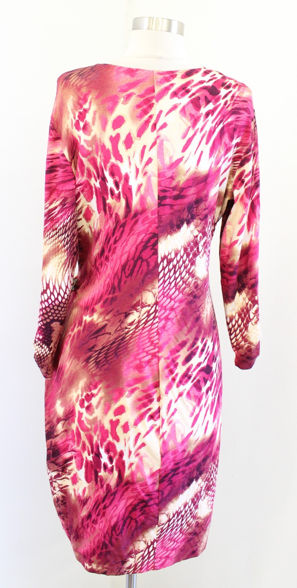 Cache Pink Abstract Animal Snakeskin Print Ruched Sheath Dress Size XL V Neck