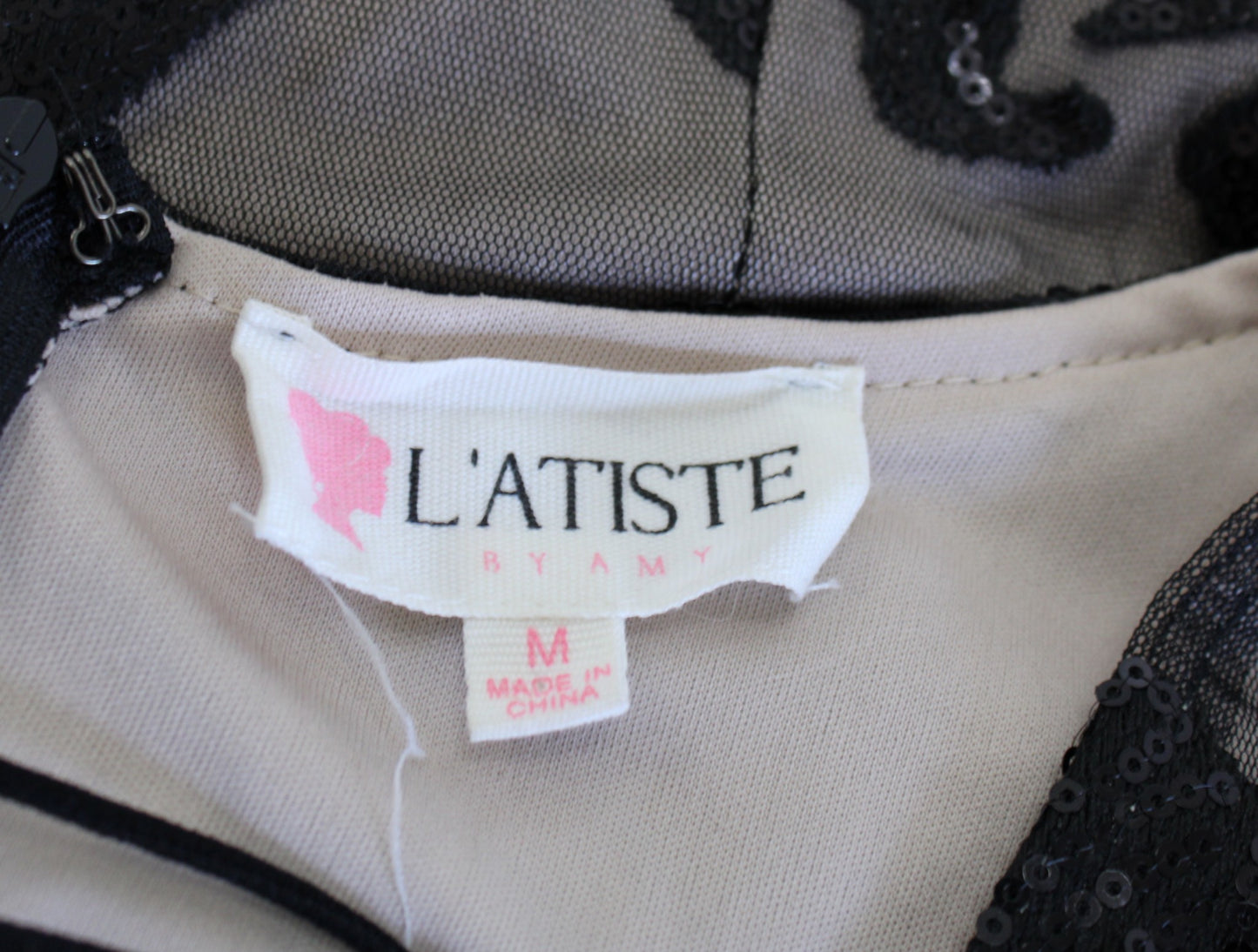 L'atiste by Amy Black Nude Mesh Lace Sequin Lace Up Mini Party Dress Size M