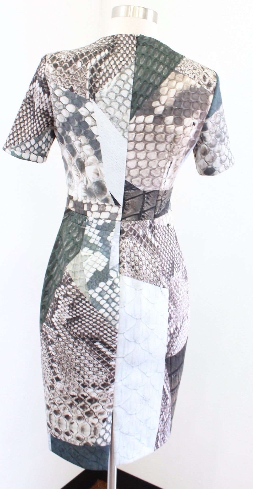 NWT $990 Yigal Azrouel Snakeskin Print Scuba Sheath Dress Sz 4 Green Gray Brown