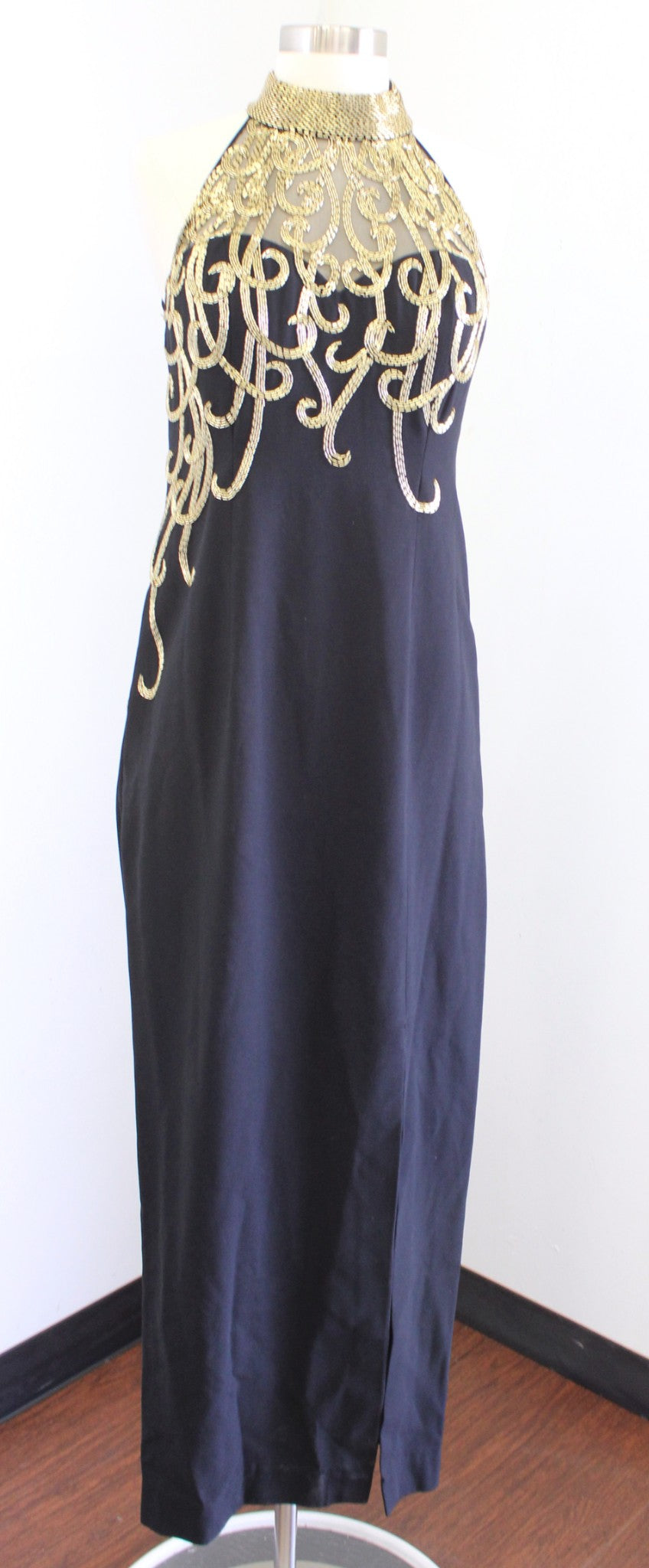 Vtg Alyce Designs Black Gold Sequin Beaded Mock Neck Evening Formal Dr –  Queen City Resale