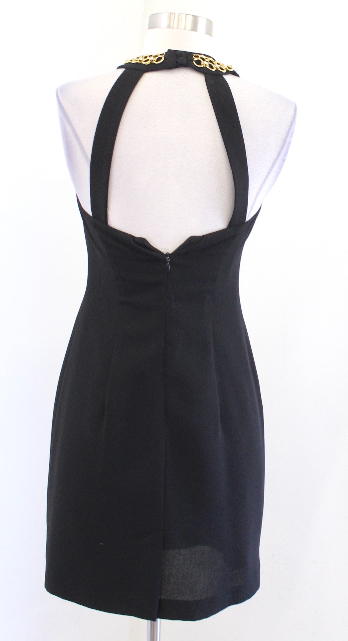 Vtg 90s Black Gold Chain Accent Halter Open Back Mini Dress LBD Size 2 Cocktail