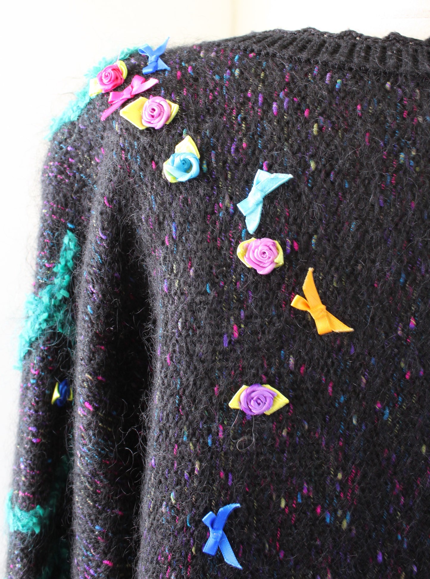 Vtg 80s 90s Black Colorful Bow Floral Embroidered Sweater Size M Mohair Retro