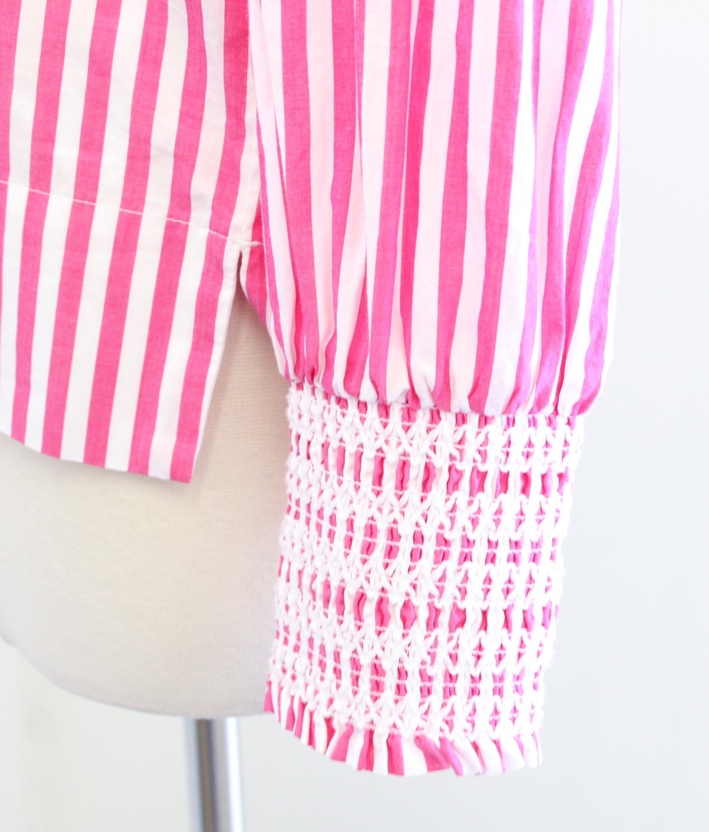 NWT J Crew Pink White Striped Smocked Cuff Tie Neck Popover Top Blouse Size XS Long Sleeve