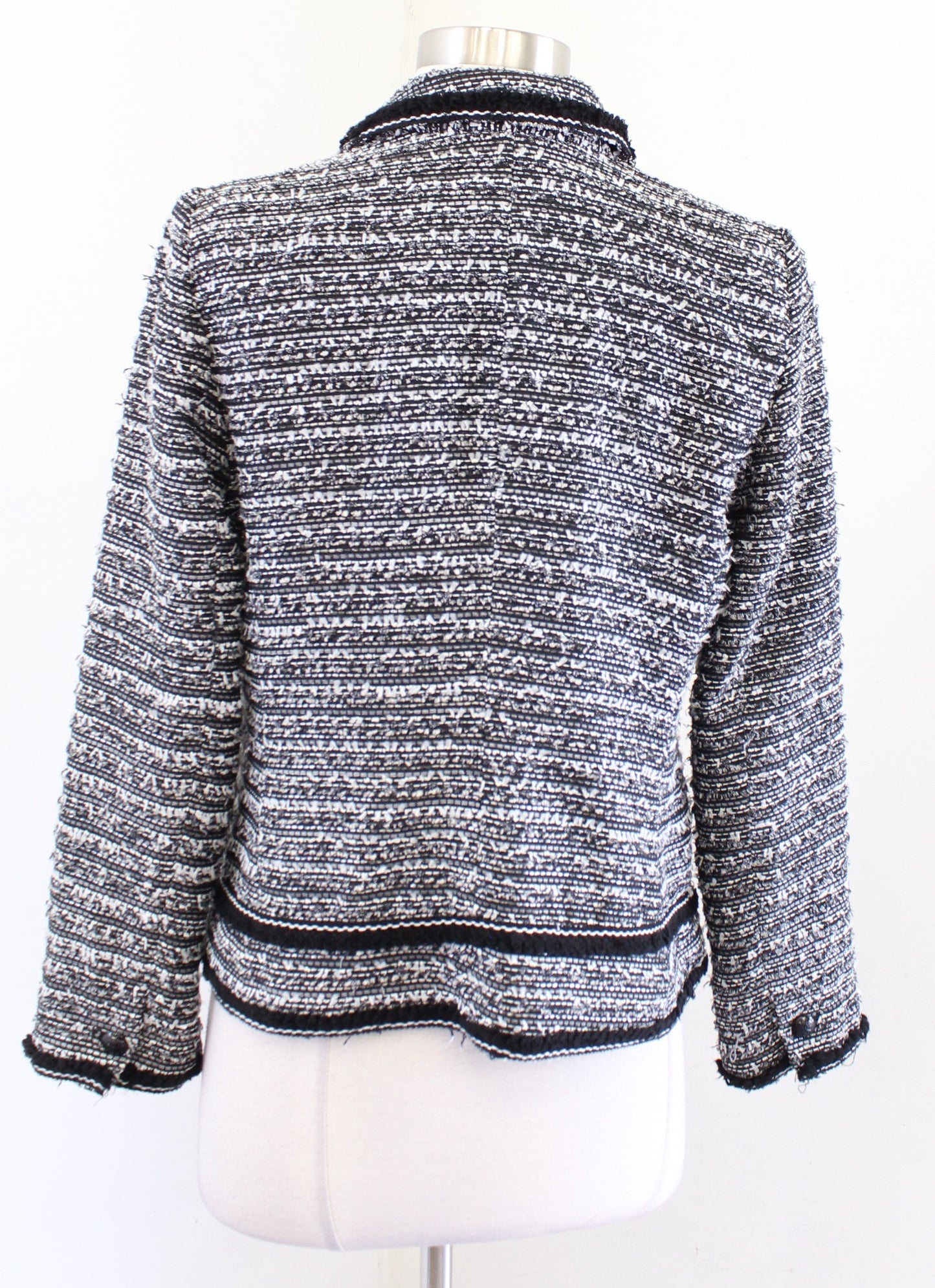 Talbots Womens Fringe Trim Tweed Blazer Jacket Size 8P Gray Black Career Office