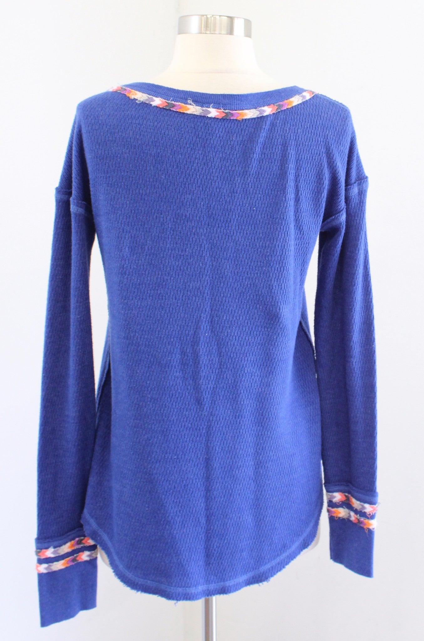 Free People Rainbow Thermal Blue Knit Henley Top Blouse Size S Scoop Neck