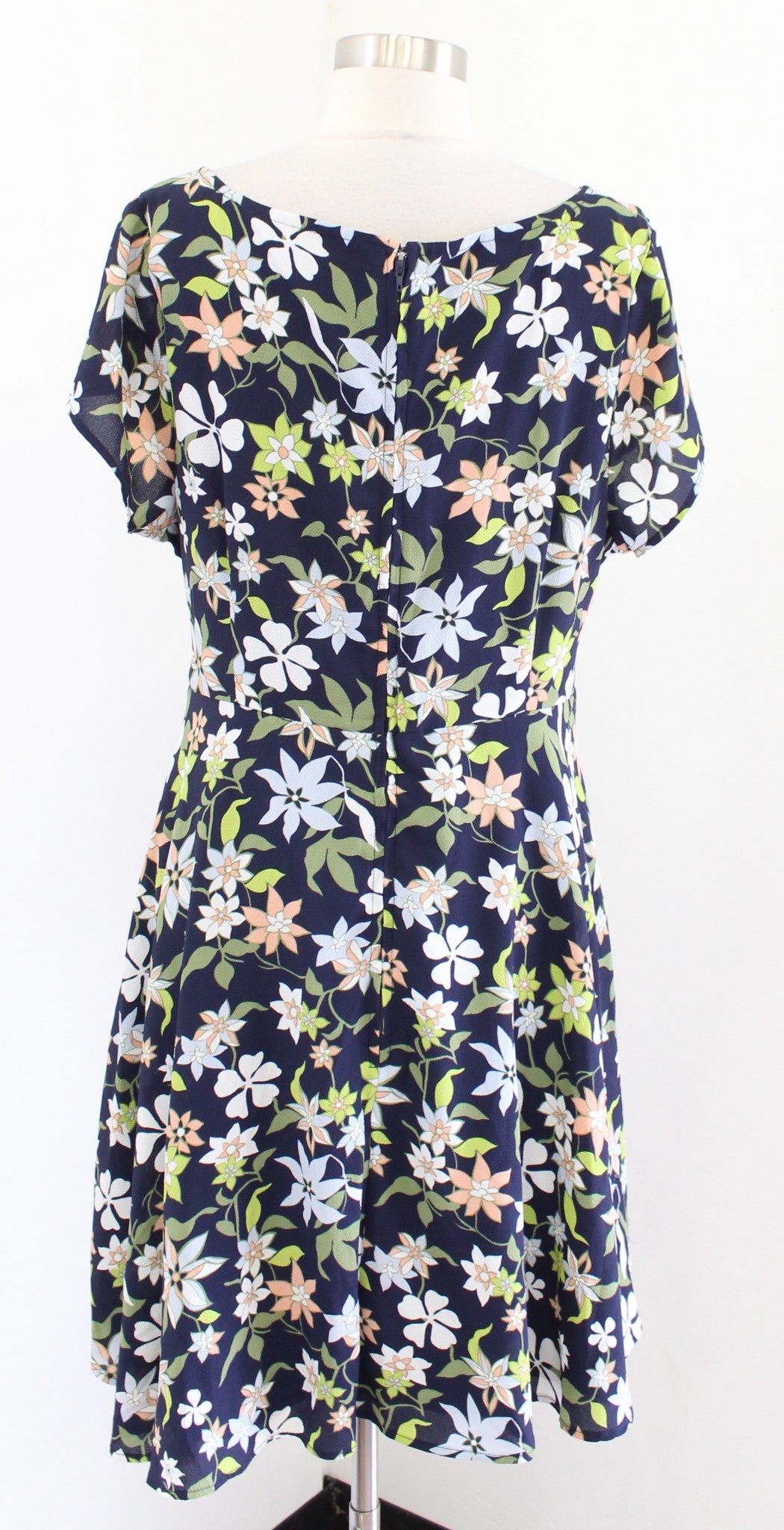 Modcloth Navy Blue Green Floral A Line Tie Waist Dress Size 2X Short Sleeve