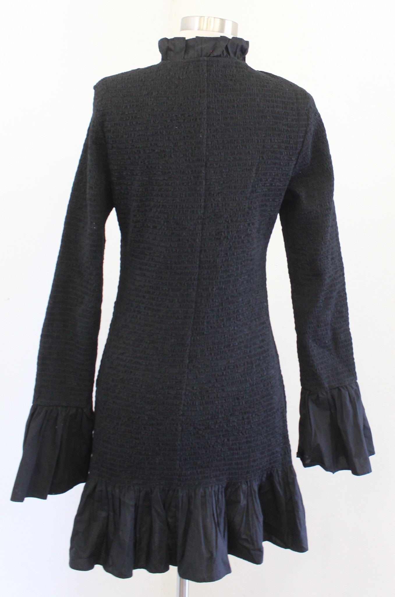 J Crew Black Smocked Button Up Front Ruffle Bell Sleeve Mini Dress Size S