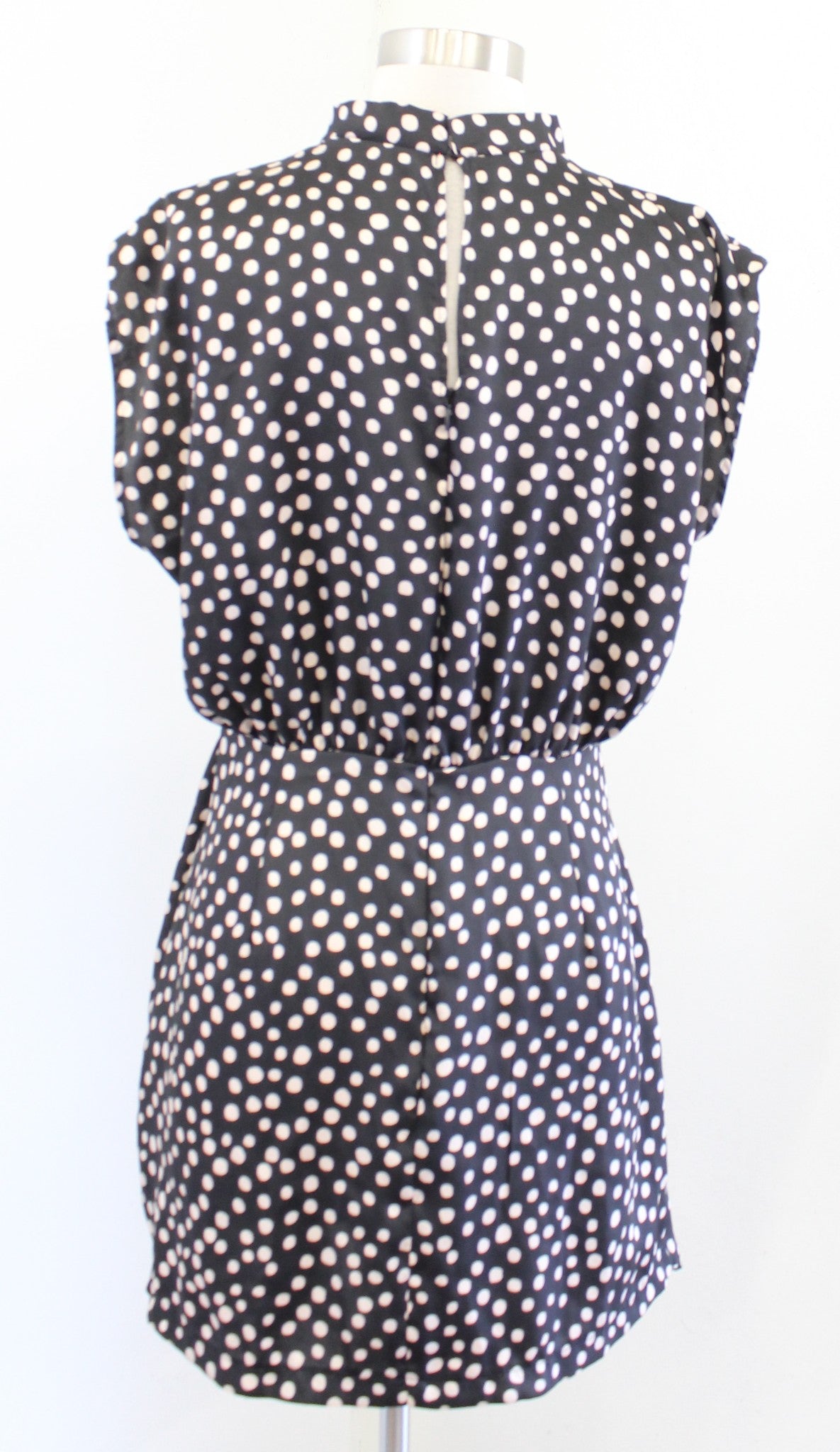 NWT Zara Black Beige Spotted Print Satin Cowl Neck Ruched Mini Dress Size L