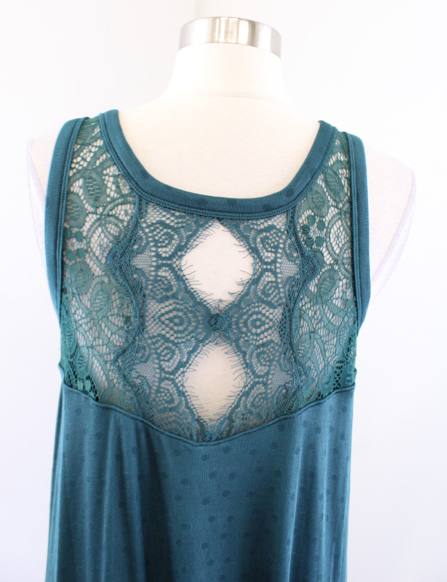 Free People Make it Count Green Polka Dot Embossed Lace Asymmetrical Hem Dress S