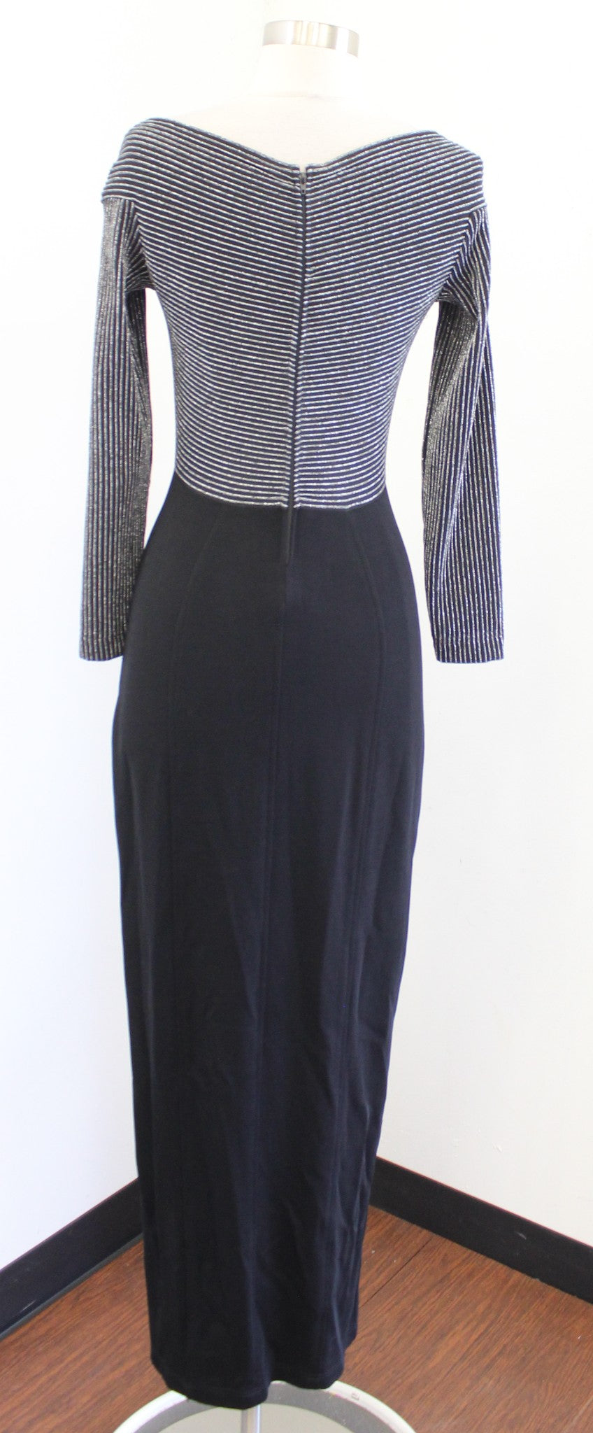 Vtg 90s Tadashi Black Silver Metallic Striped Evening Dress Formal Size XS