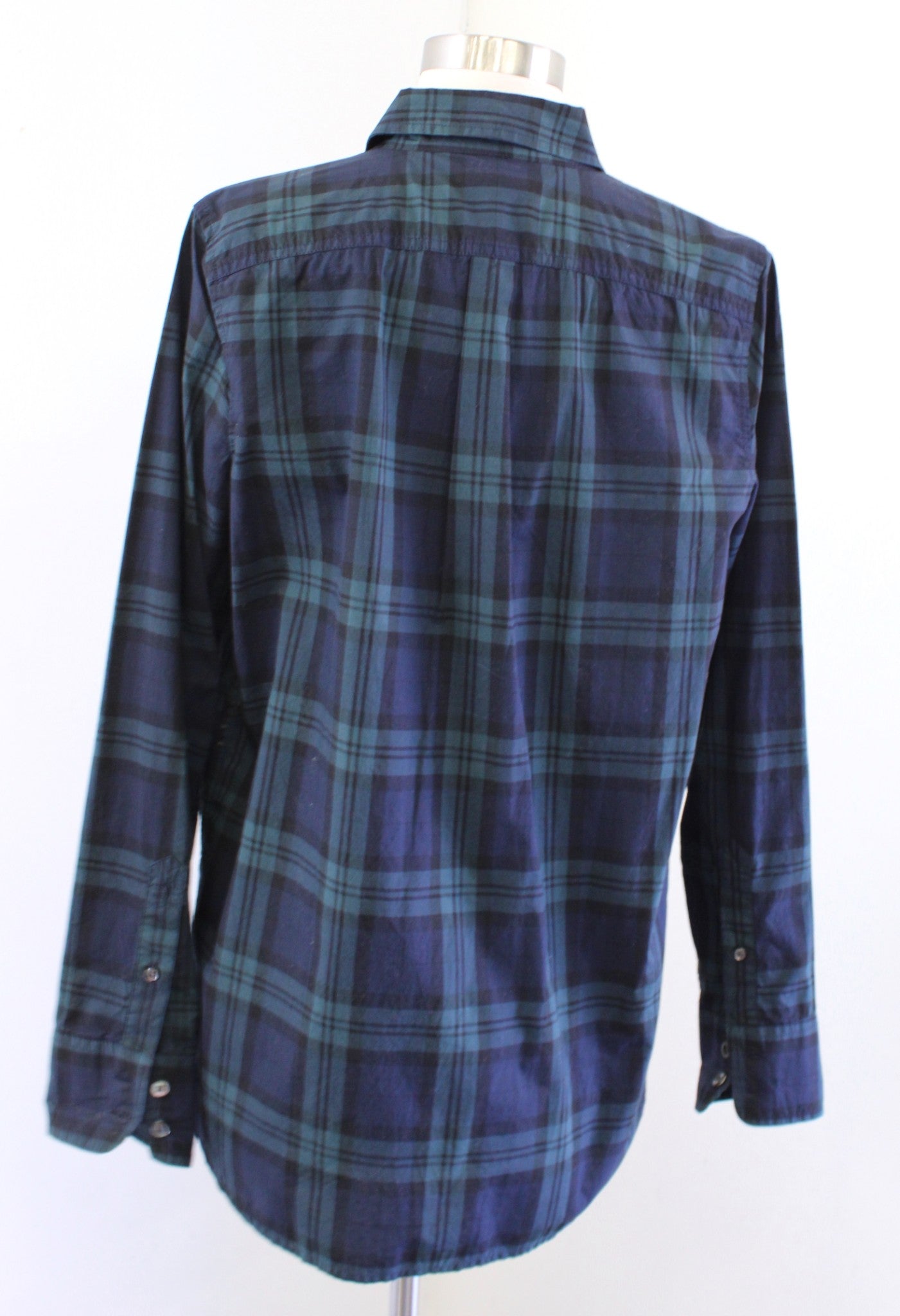 J Crew Plaid Chevron Beaded Embellished Popover Shirt Blouse Green Navy Size 6 Long Sleeve