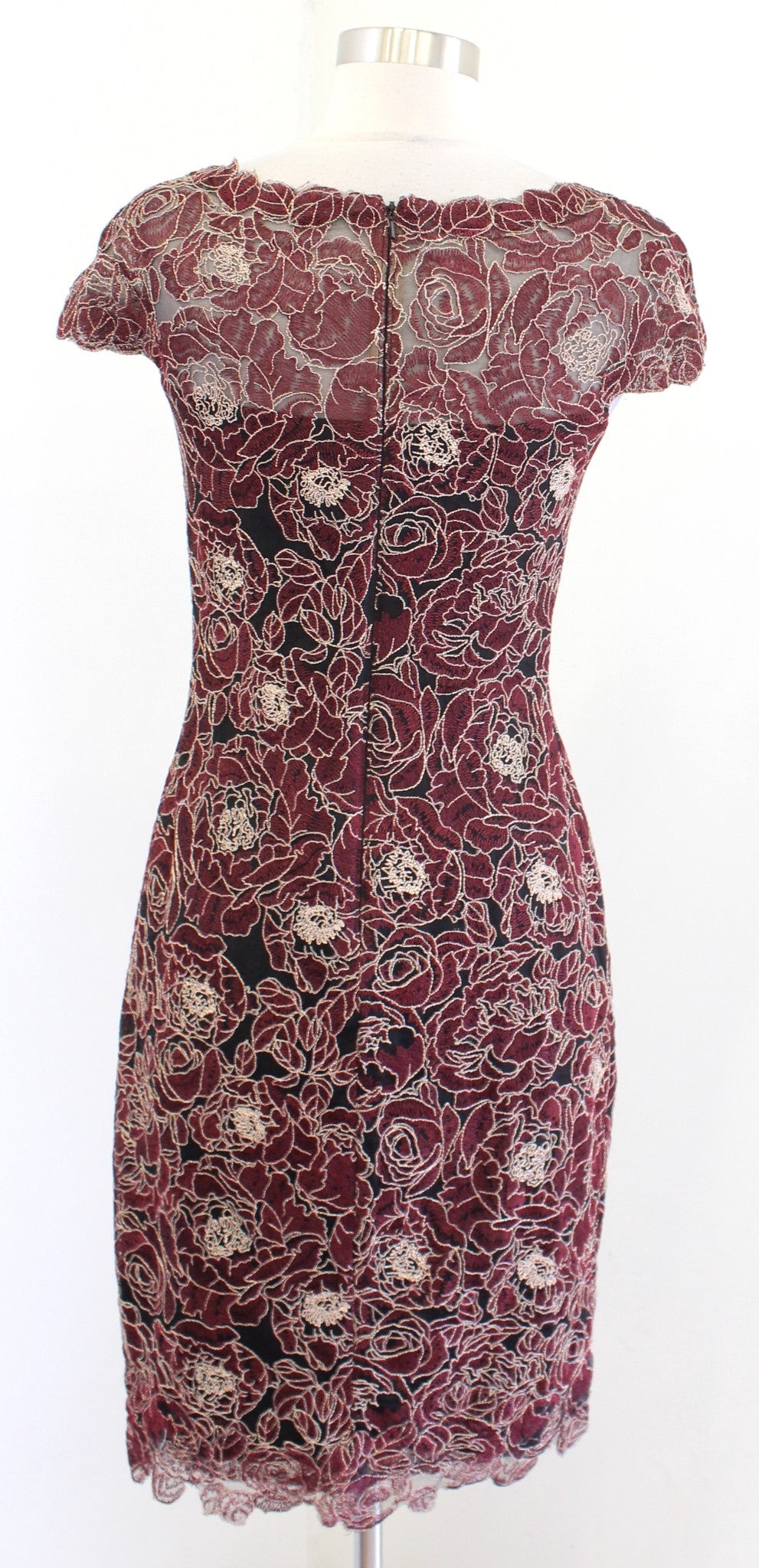 Tadashi Shoji Red Black Lace Motif Lace Sheath Dress Size 2 Cocktail Evening