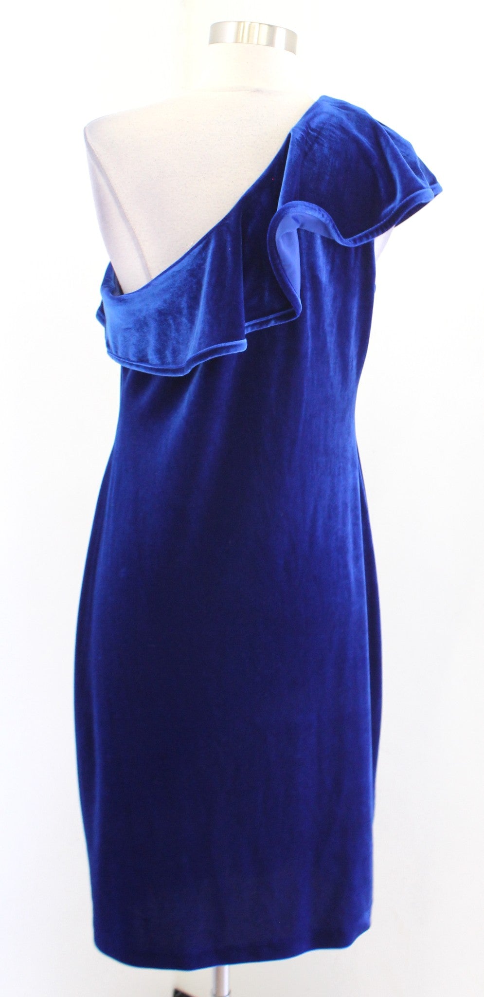 Calvin Klein Blue Velvet Ruffle One Shoulder Dress Size 12 Sheath Cocktail