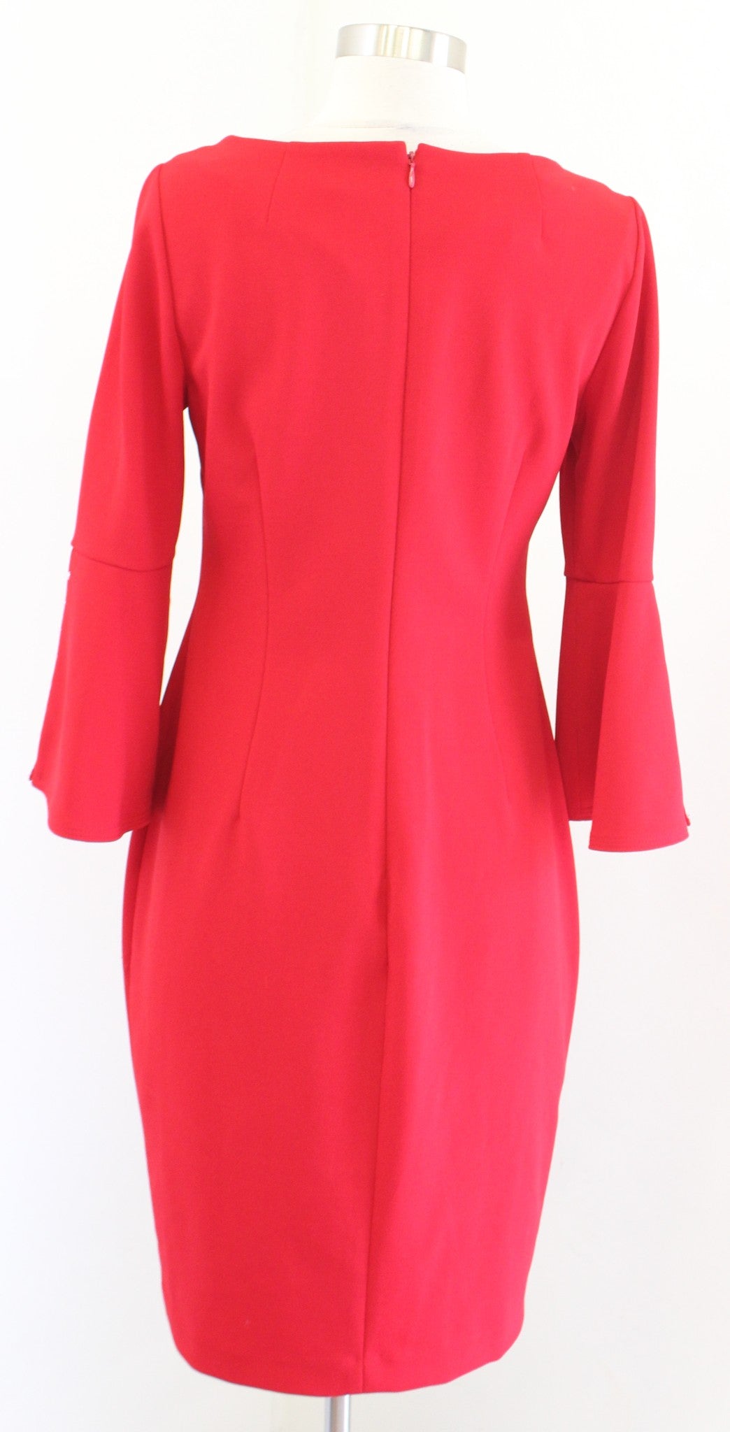 Calvin Klein Solid Red Pearl Cutout Detail Bell Sleeve Sheath Dress Sz 8 Career