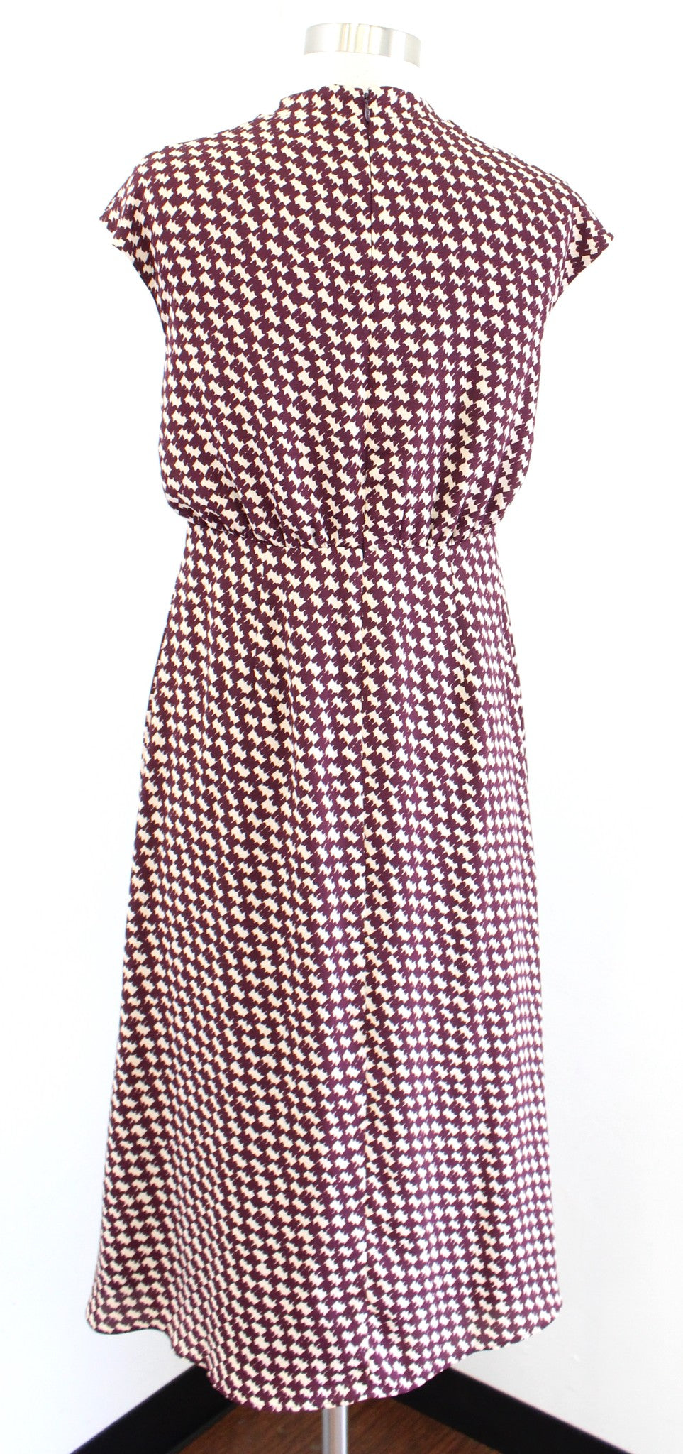 Ann Taylor Maroon Houndstooth Print Blouson Flared Midi Dress Size 00 A Line