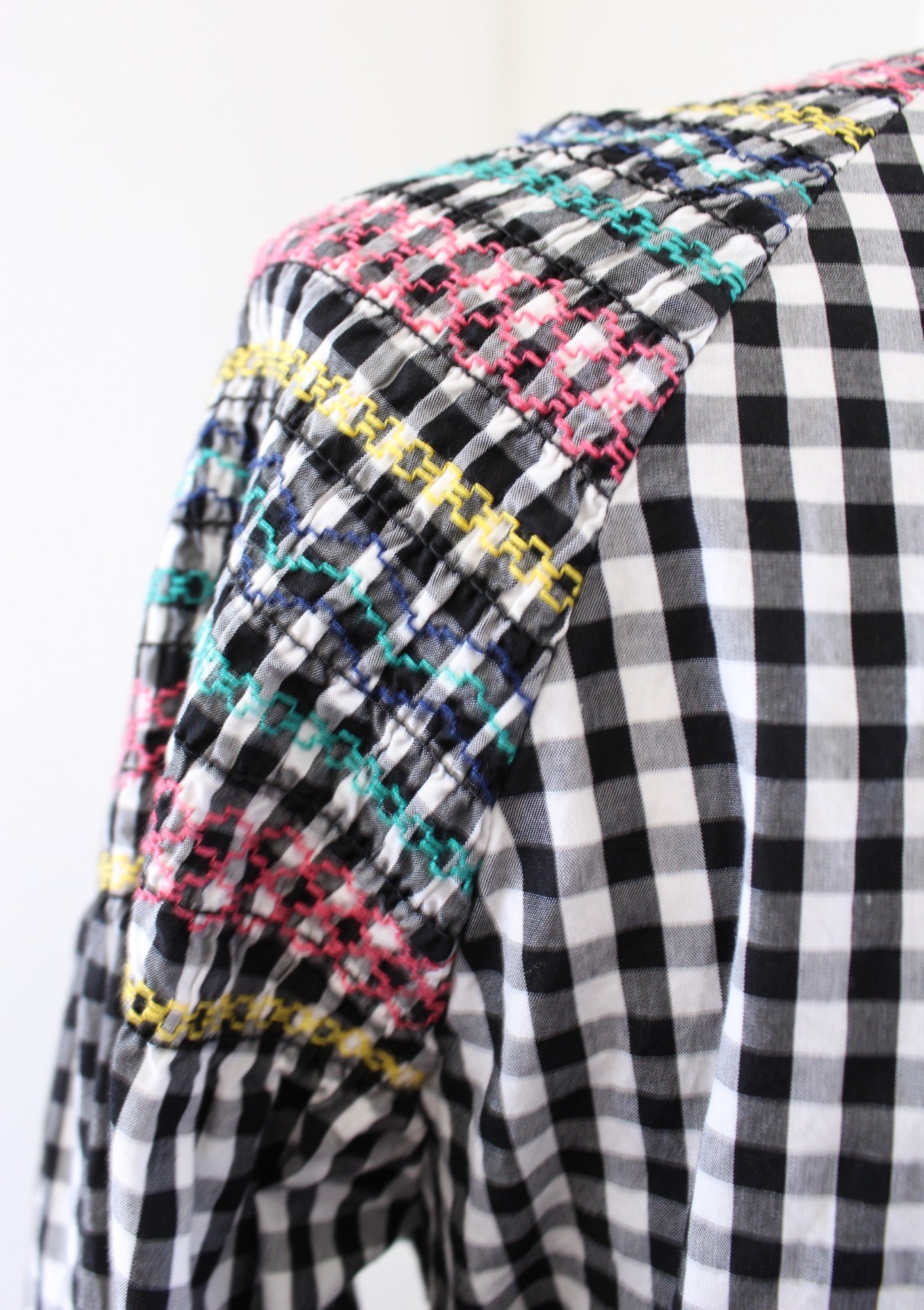 Madewell Black White Gingham Plaid Embroidered Tie Waist Tassel Top Blouse XS