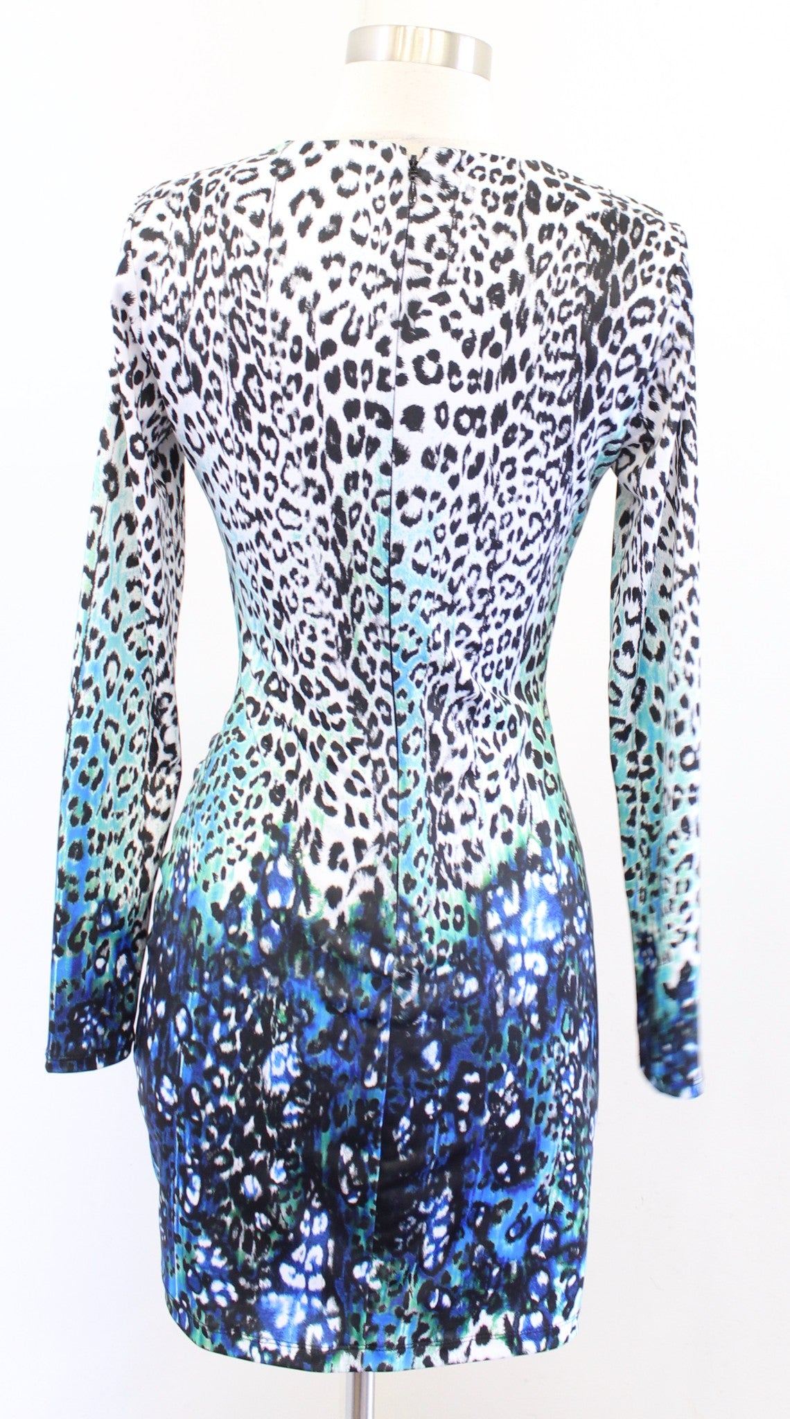 Bebe Leopard Print Plunge V Neck Ruched Bodycon Mini Dress Size XS Blue Black