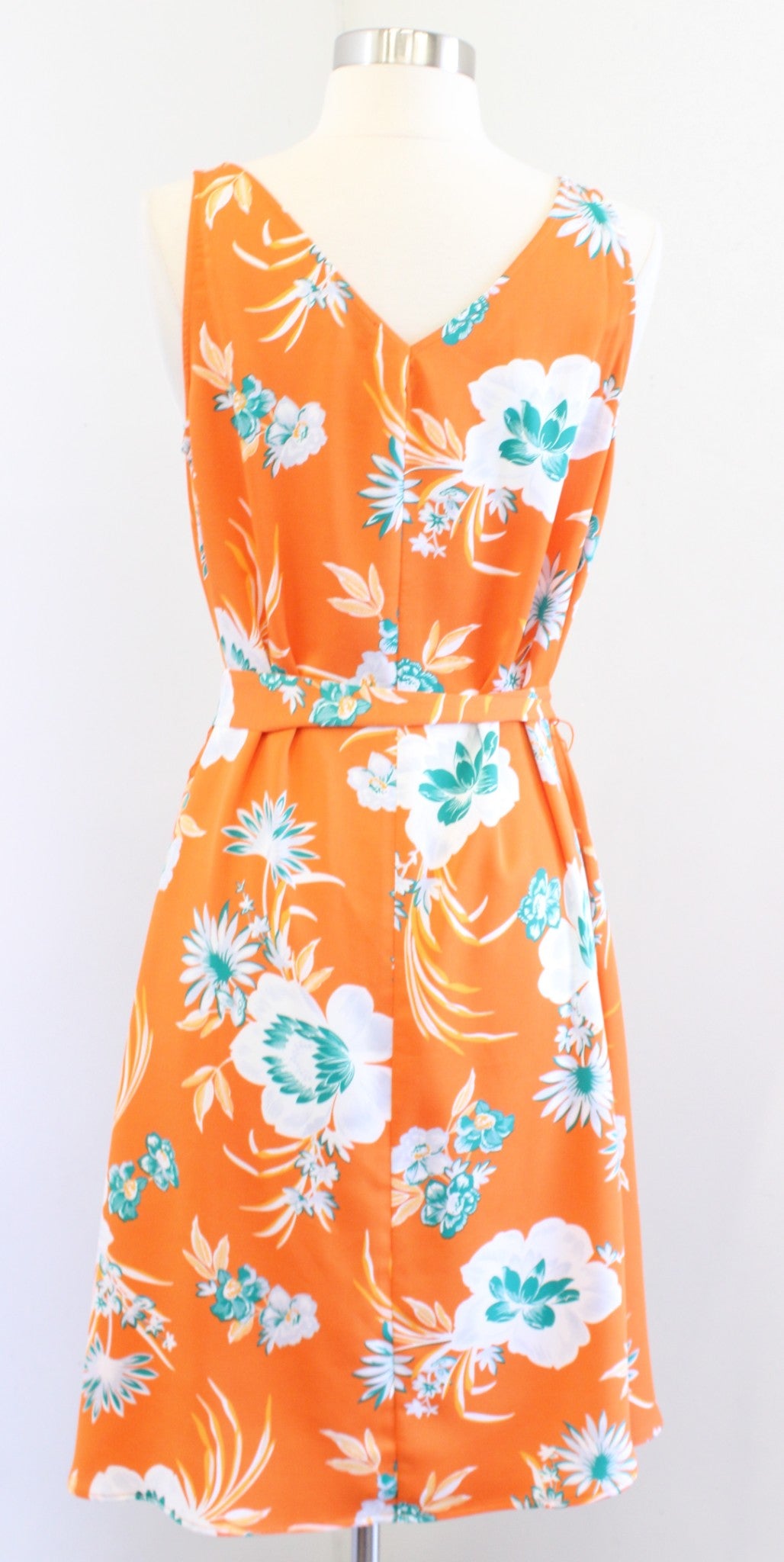 Ann Taylor Orange Tropical Floral Print Tie Waist V Neck Dress Sleeveless PM MP