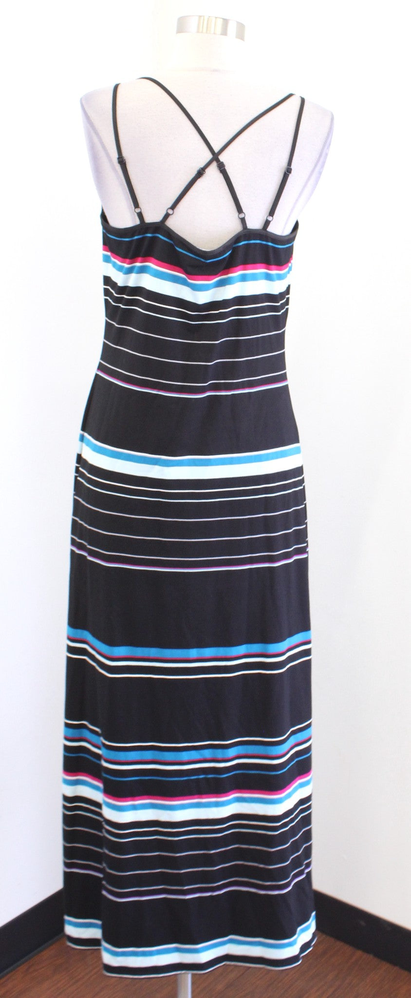 NWT White House Black Market Black Knit Striped Strappy Maxi Dress Size M Blue
