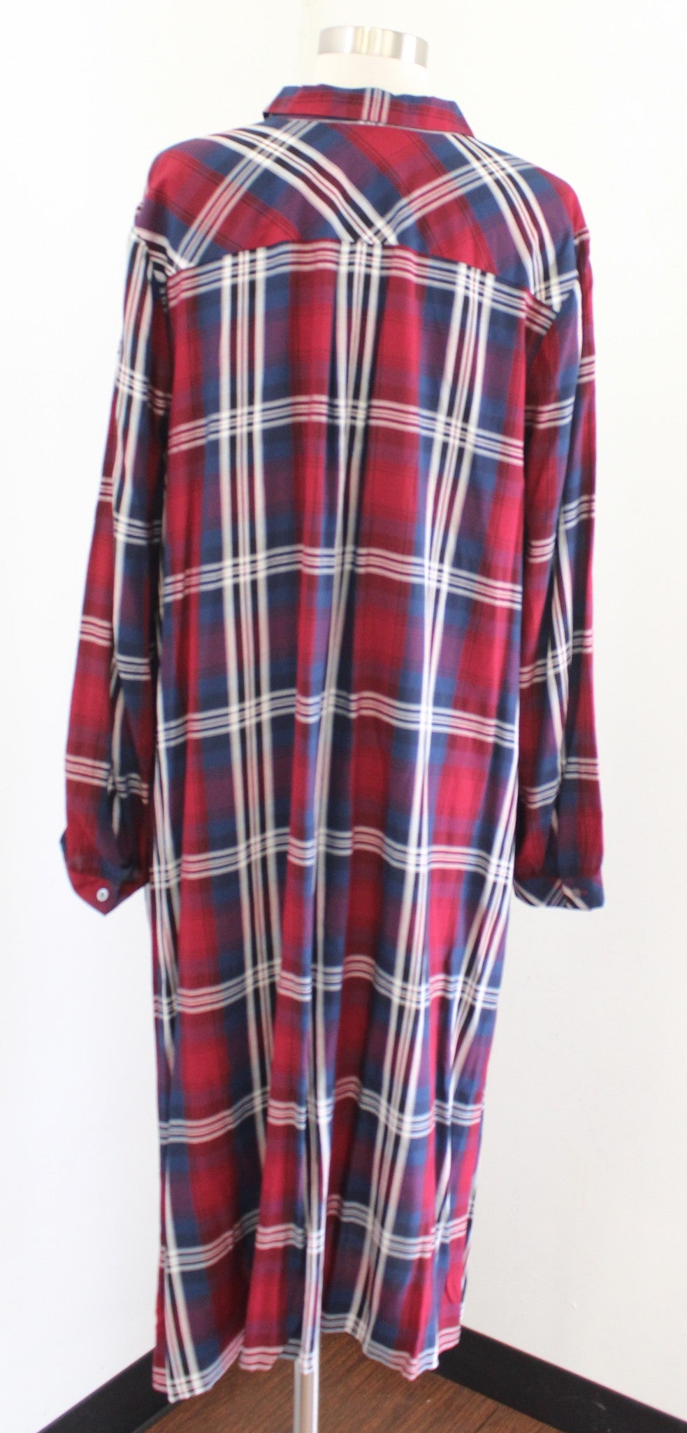 J Jill Red Navy Blue Plaid Long Sleeve Midi Shirt Dress Size XL Casual Shift