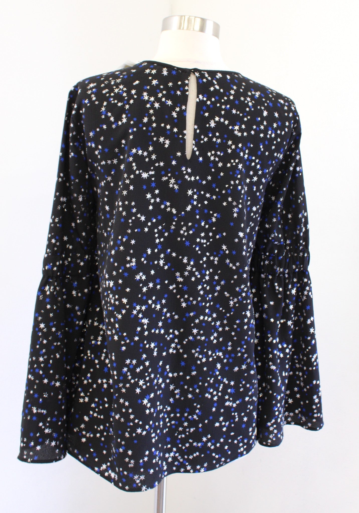 NWT Michael Kors Black Blue Silver Shimmer Star Print Bell Sleeve Top Blouse S Long Sleeve