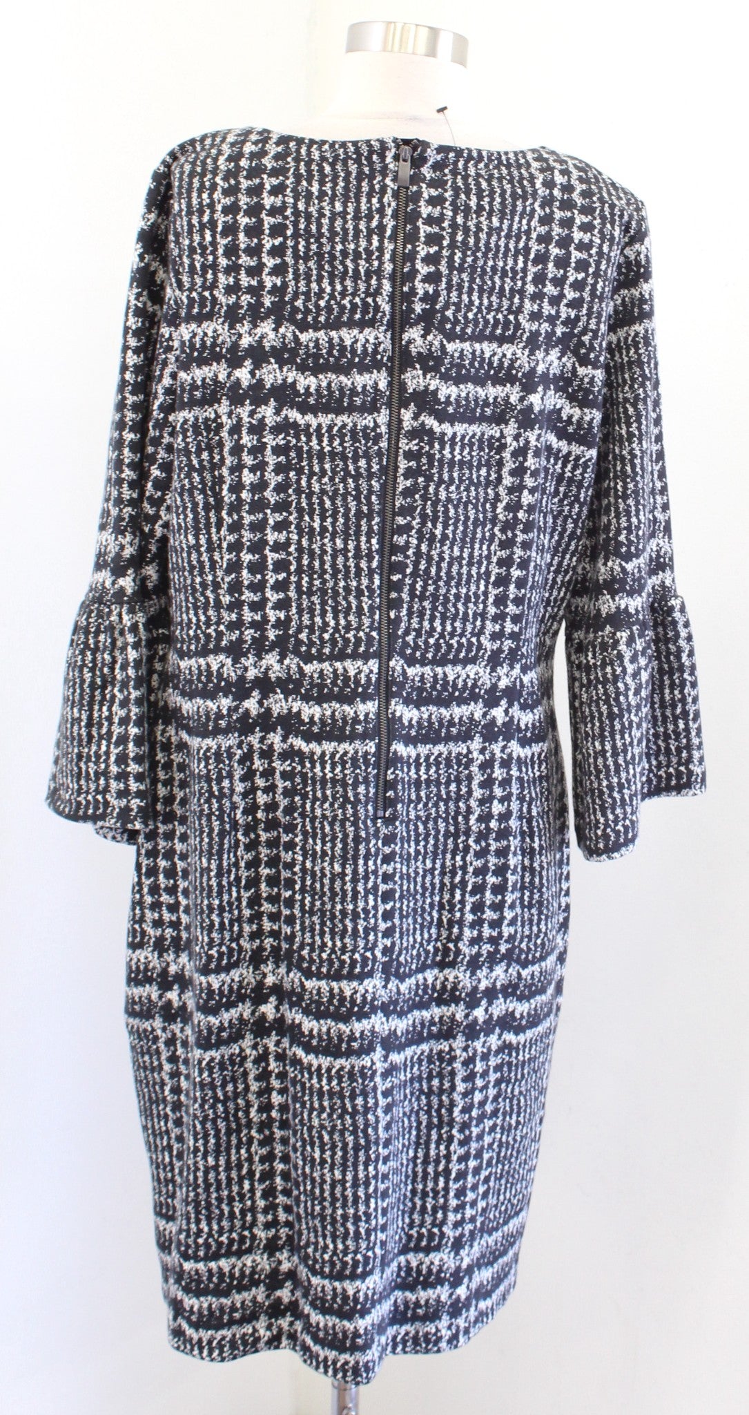 NWT Talbots Womens Black Gray White Plaid Bell Sleeve Knit Shift Dress Size 16