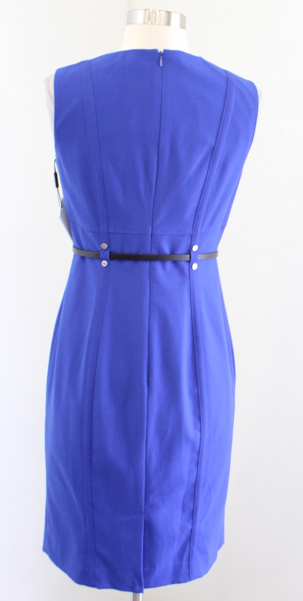 NWT Calvin Klein Womens Royal Blue Black Belted Shaped Sheath dress Size 4