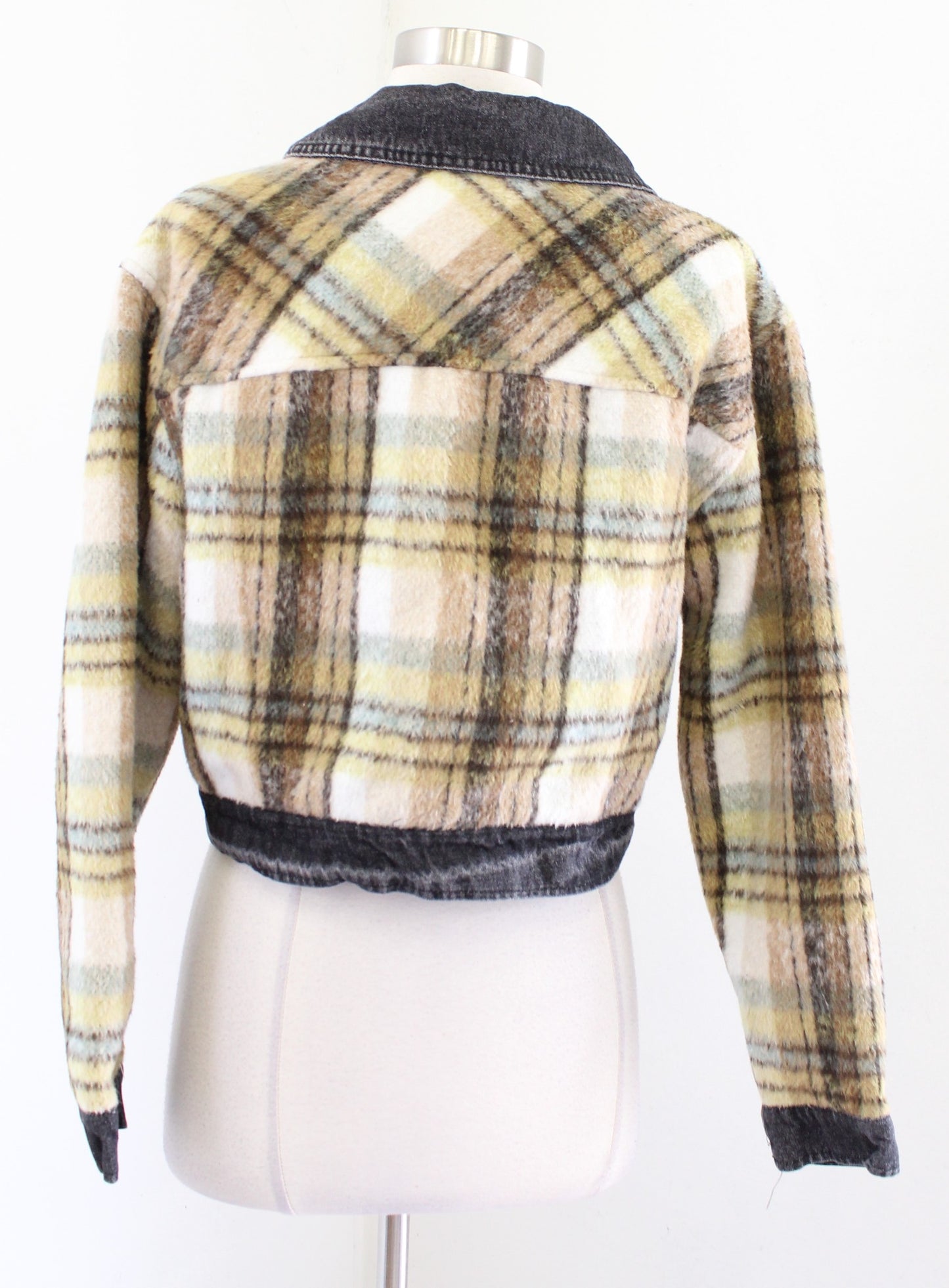 7 For All Mankind Seven Fuzzy Plaid Mixed Media Denim Cropped Jacket Size S