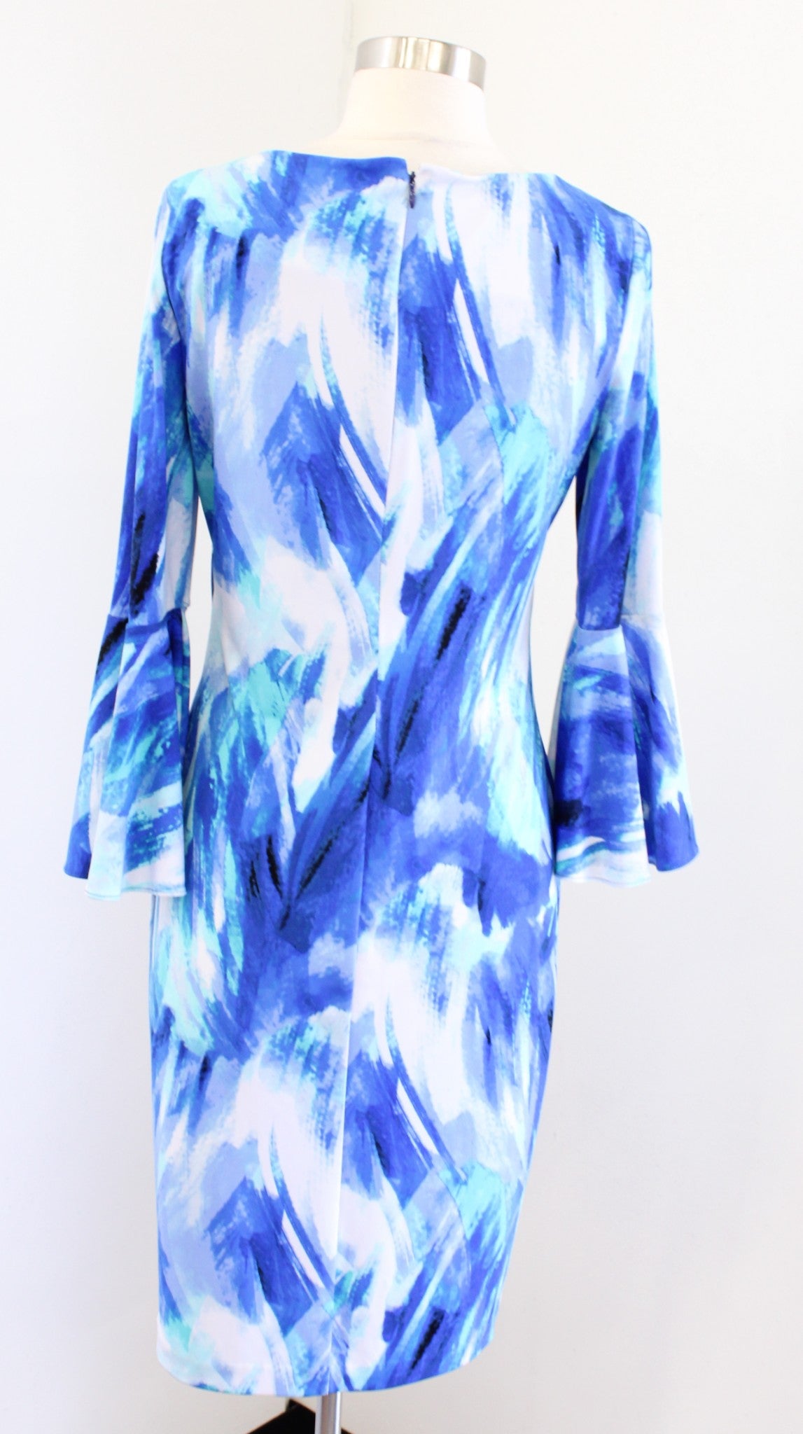 Calvin Klein Blue Watercolor Brush Stroke Jersey Knit Bell Sleeve Dress Size 6