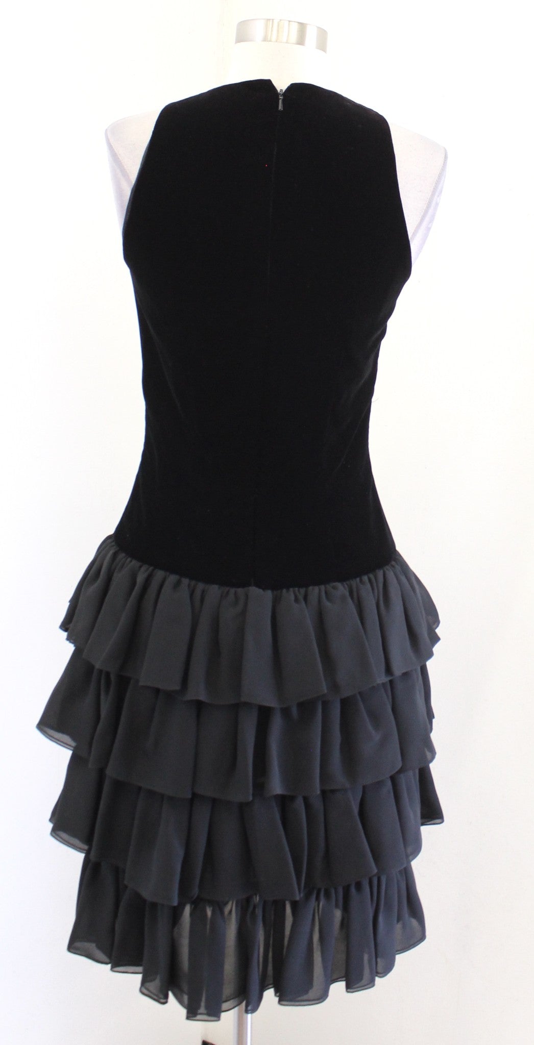 Vtg 90s Black Velvet Drop Waist Ruffle Tiered Cocktail Party Dress SIze 4 Retro