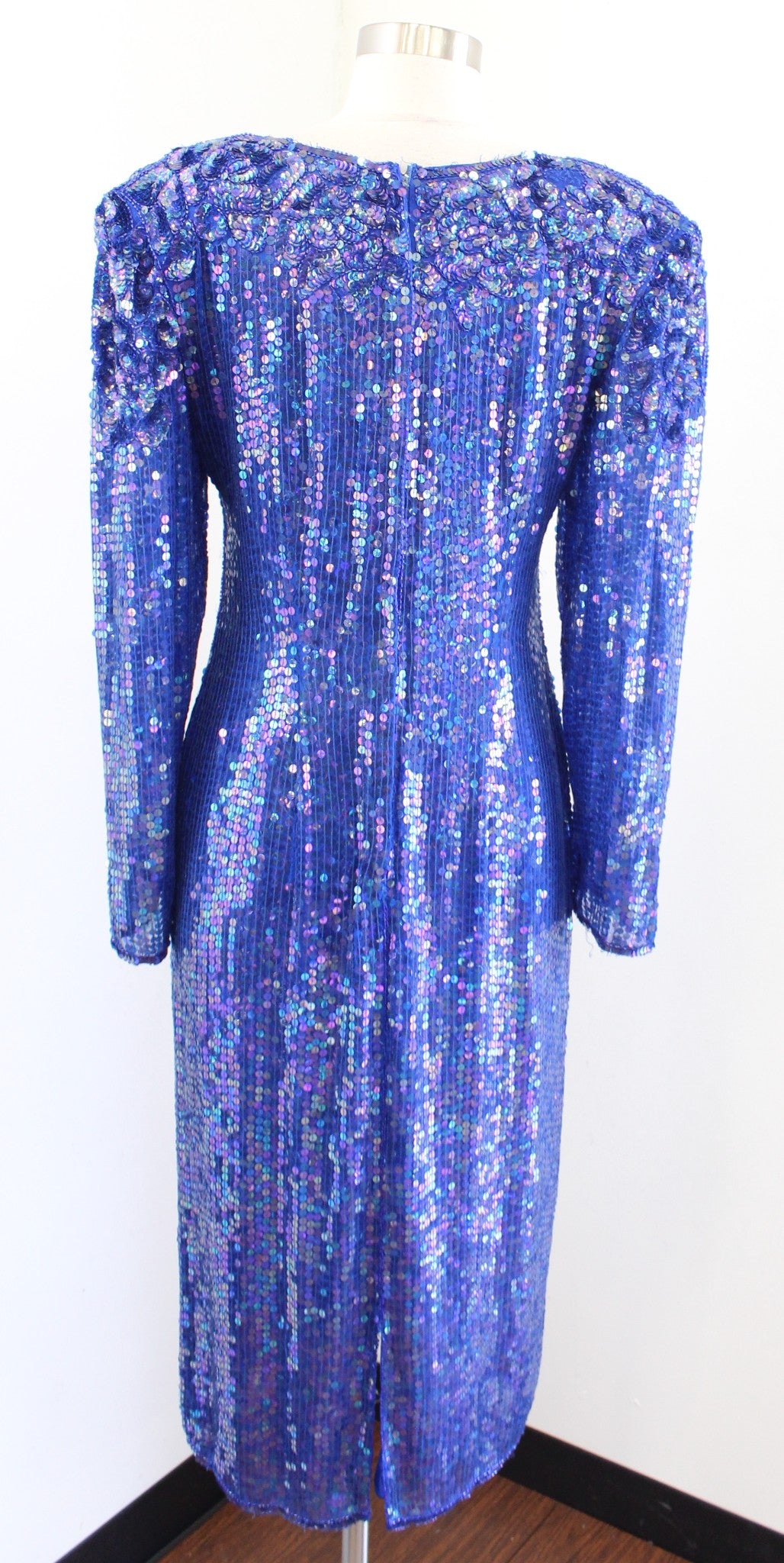 Vtg 80s Blue Iridescent Silk Beaded Sequin Dress Size M Cocktail Party Midi