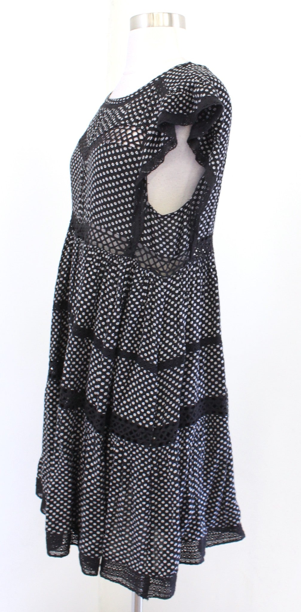 Free People Retro Kitty Black White Crochet Cutout Mini Tunic Dress Floral Sz XS