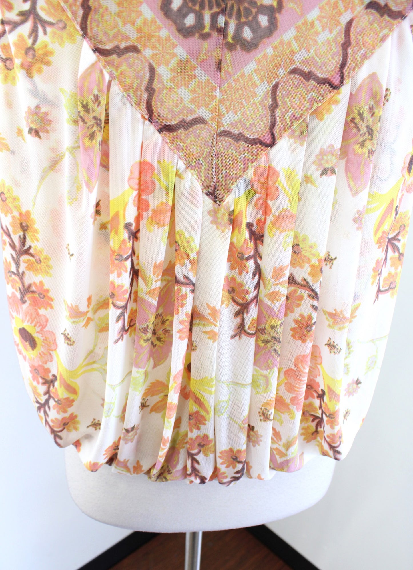 Free People Mesh Floral Print Havana Muscle Tank Hi Lo Sz XS Draped White Yellow