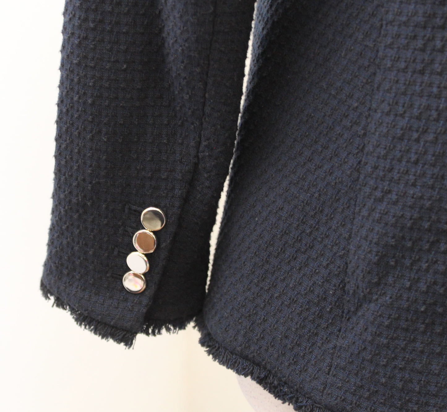 Ann Taylor Navy Blue Black Tweed Fringe Double Breasted Blazer Jacket Size 6