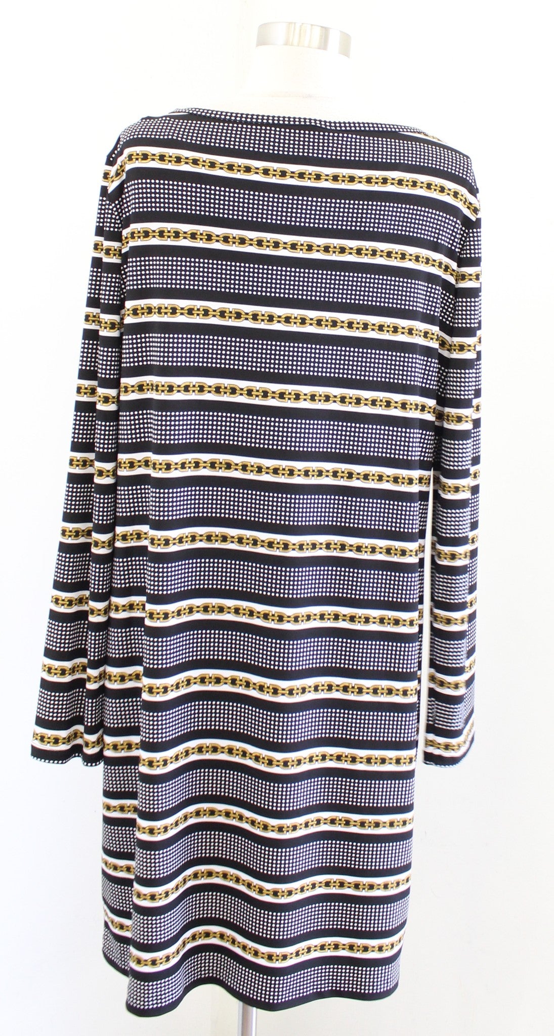 NWT Michael Kors Long Sleeve Polka Dot Striped Jersey Shift Dress Size XL Black