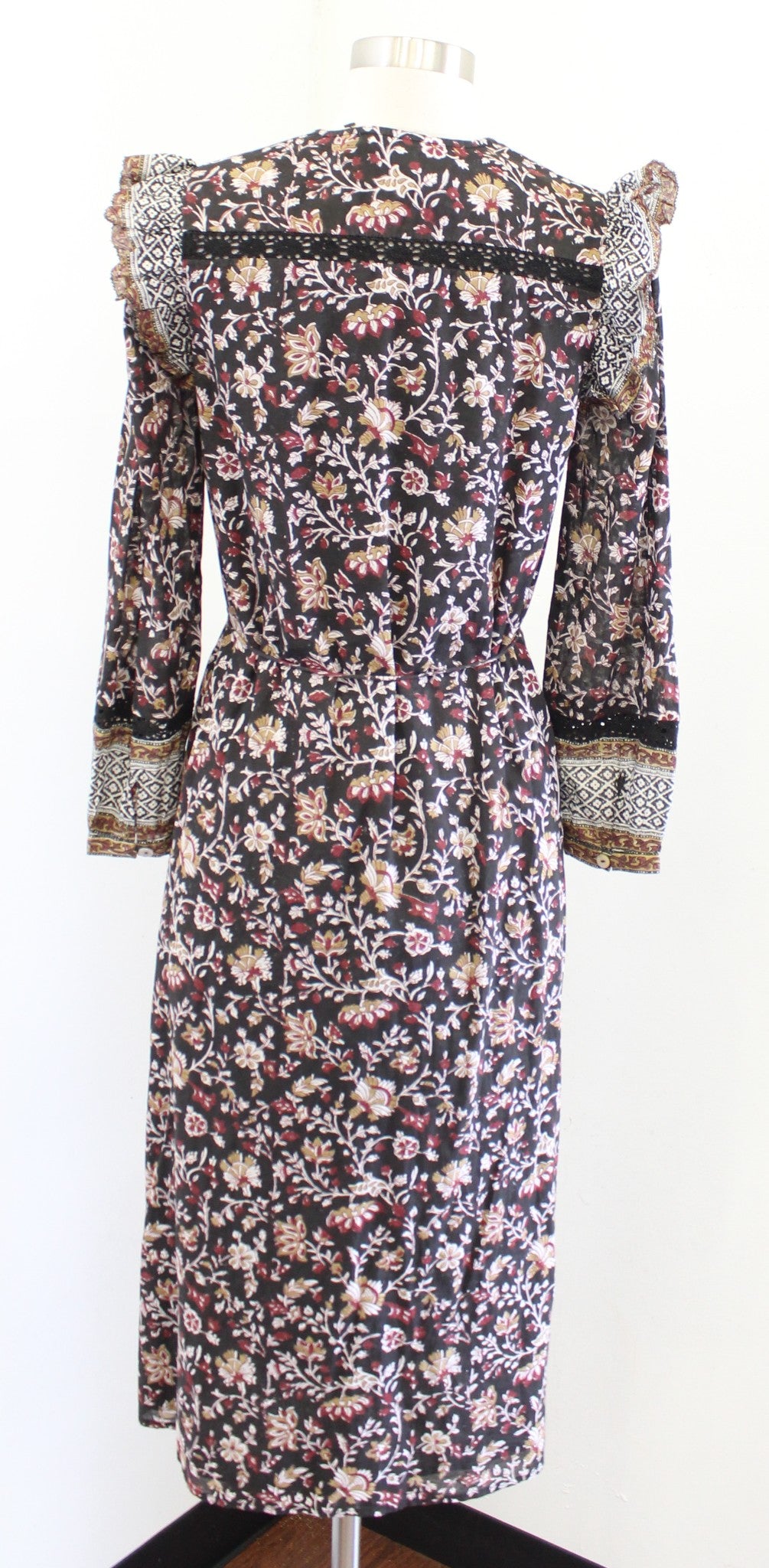 Cleobella Lotus Block Print Floral Ruffle Trim Tie Waist Midi Dress Size XS Boho
