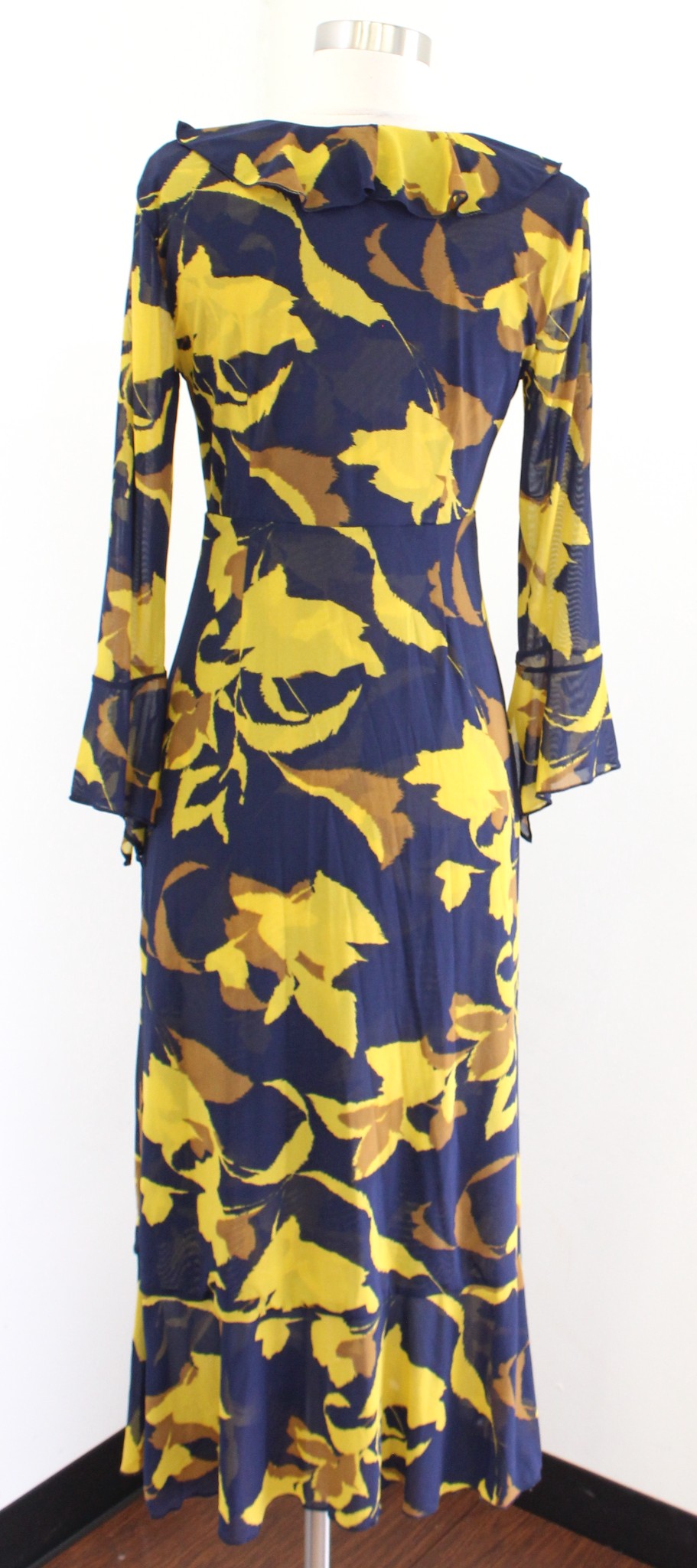 CAbi Midnight Dress Navy Blue Yellow Floral Mesh Ruffle Midi Maxi Size XS 4242