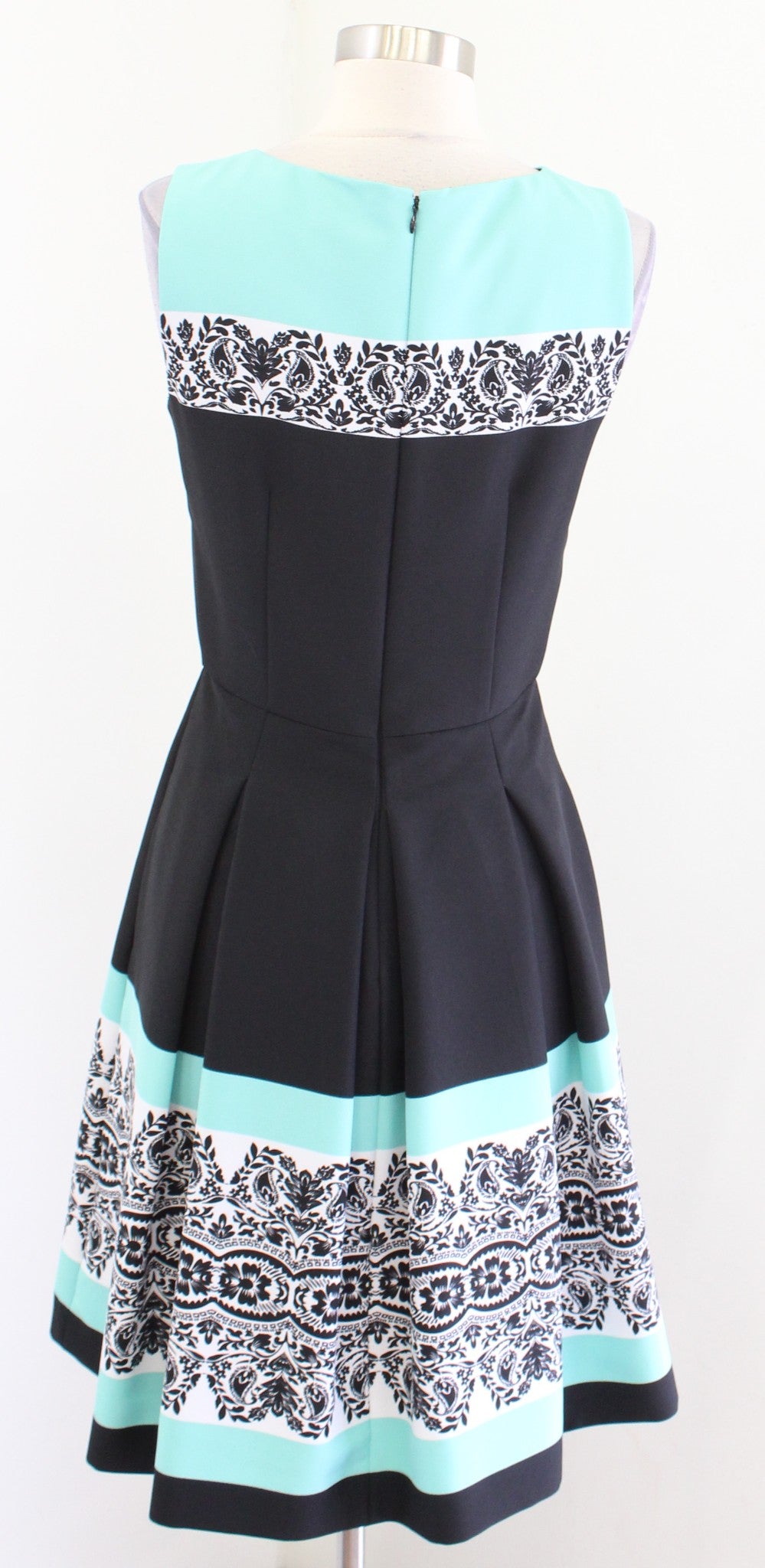 Tahari ASL Levine Black Pleated Fit and Flare Dress Paisley Sz 2 Career Cocktail