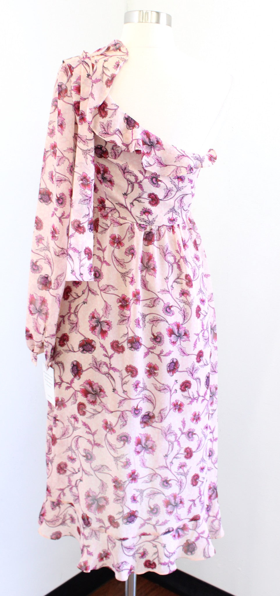 NWT For Love and Lemons Agnes Pink Floral One Shoulder Asymmetric Dress Size S