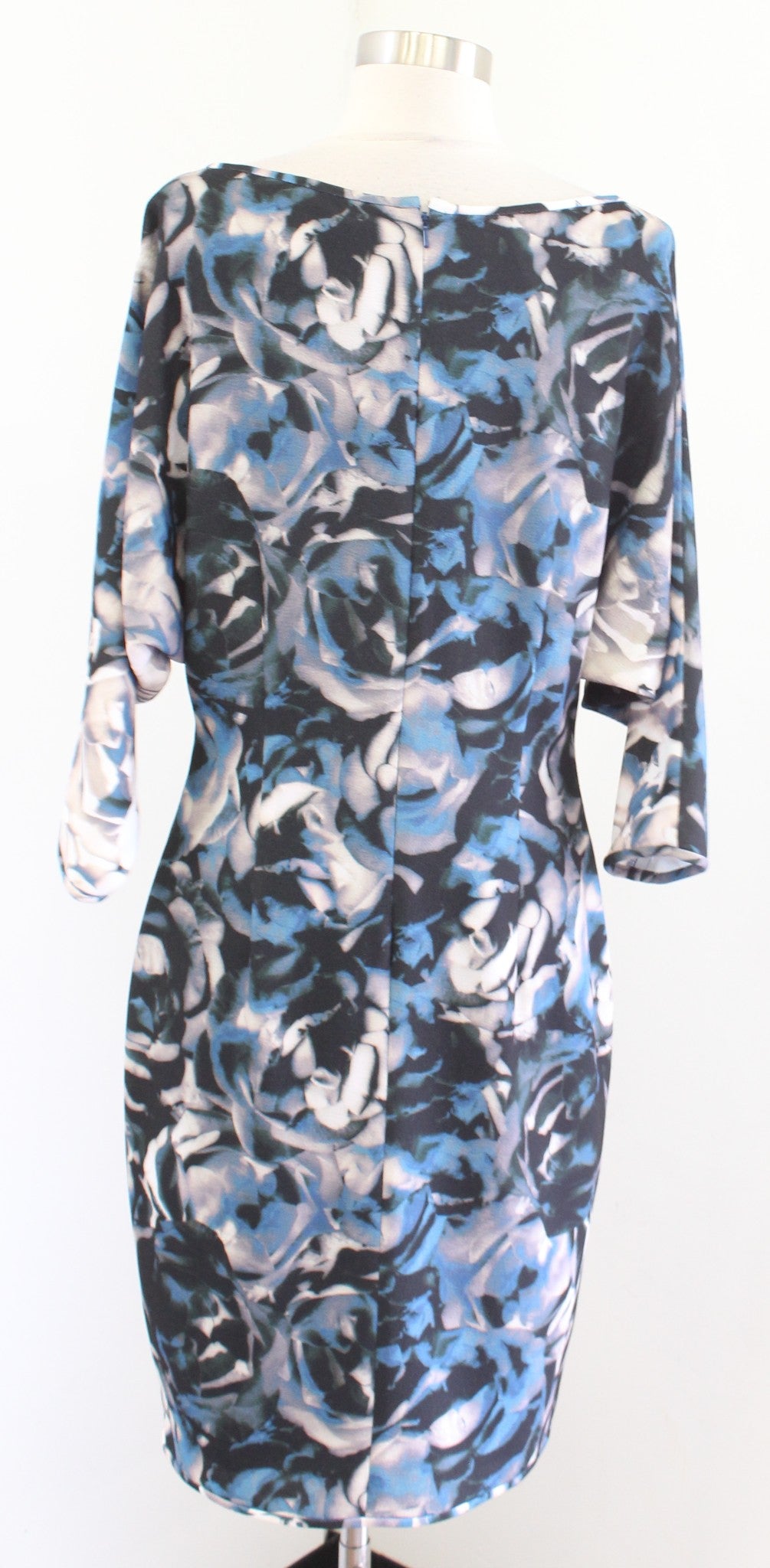 Black Halo Blue Rose Floral Print Dolman Sleeve Crepe Sheath Dress Size 10 Ivory