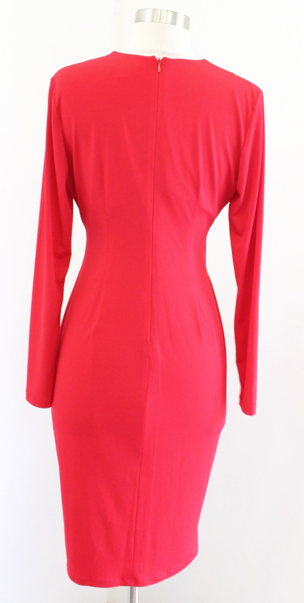 Calvin Klein Solid Red V Neck Ruched Wiggle Sheath Dress Size 4 Gold Hardware