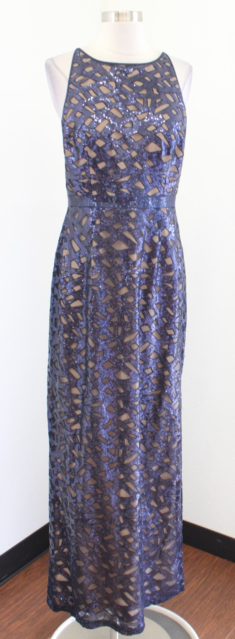Aidan Mattox Navy Blue Sequin Geometric Mesh Illusion Formal Dress Gow   Queen City Resale