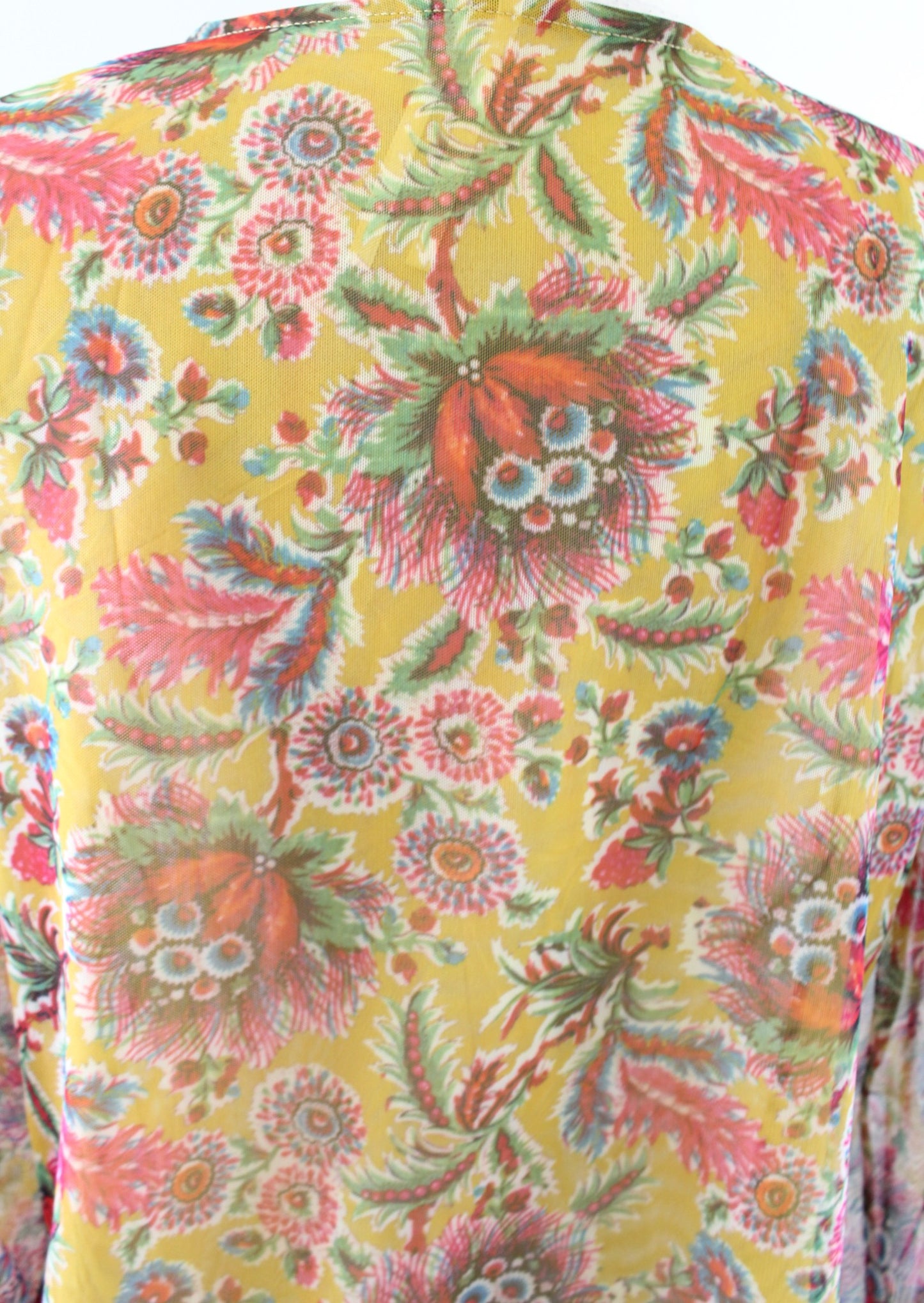 by Anthropologie Gretchen Yellow Mesh Floral Print Smocked Top Blouse Size M