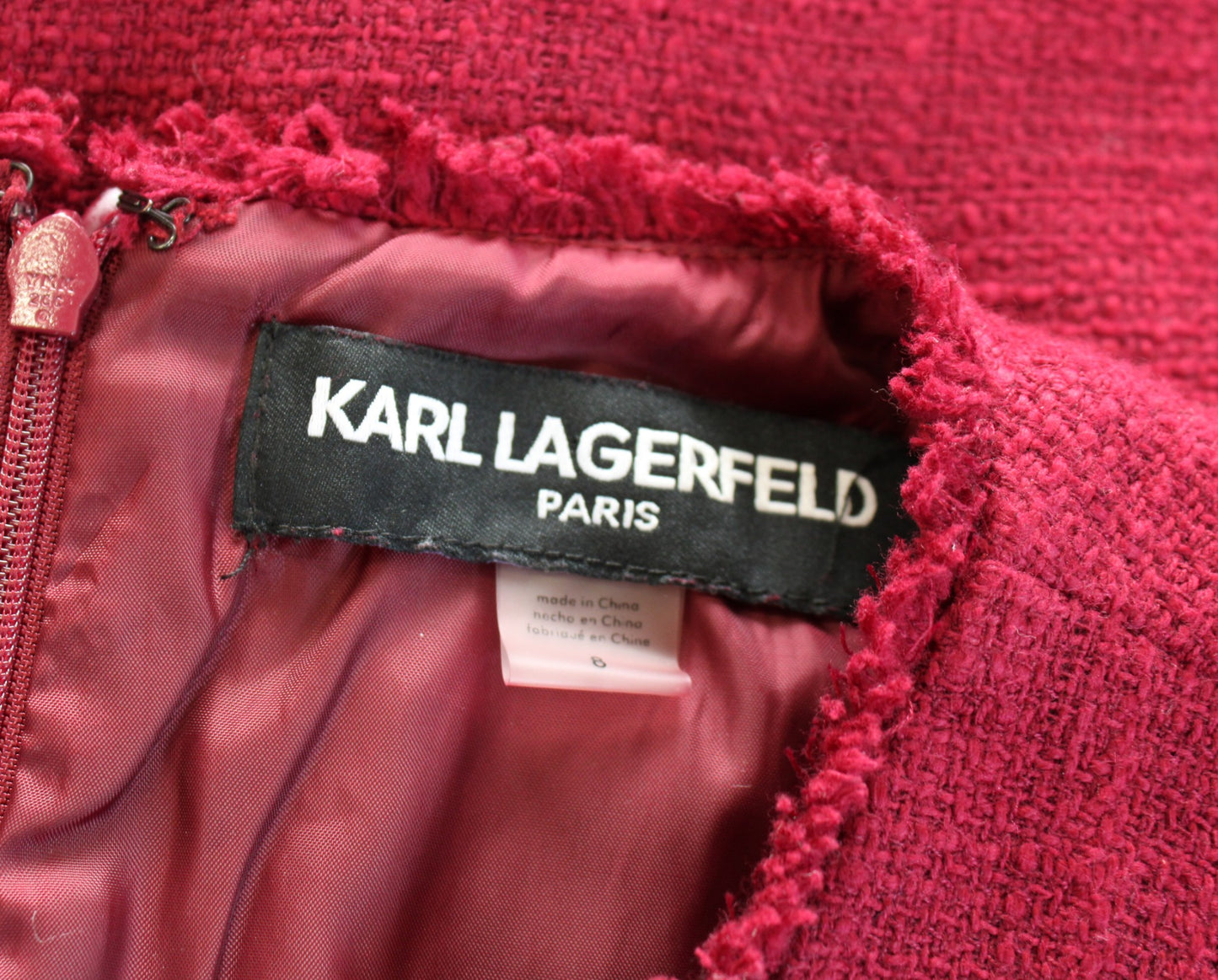 Karl Lagerfeld Wine Red Tweed Fringe Trim Ruffle Flounce Hem Sheath Dress Size 8