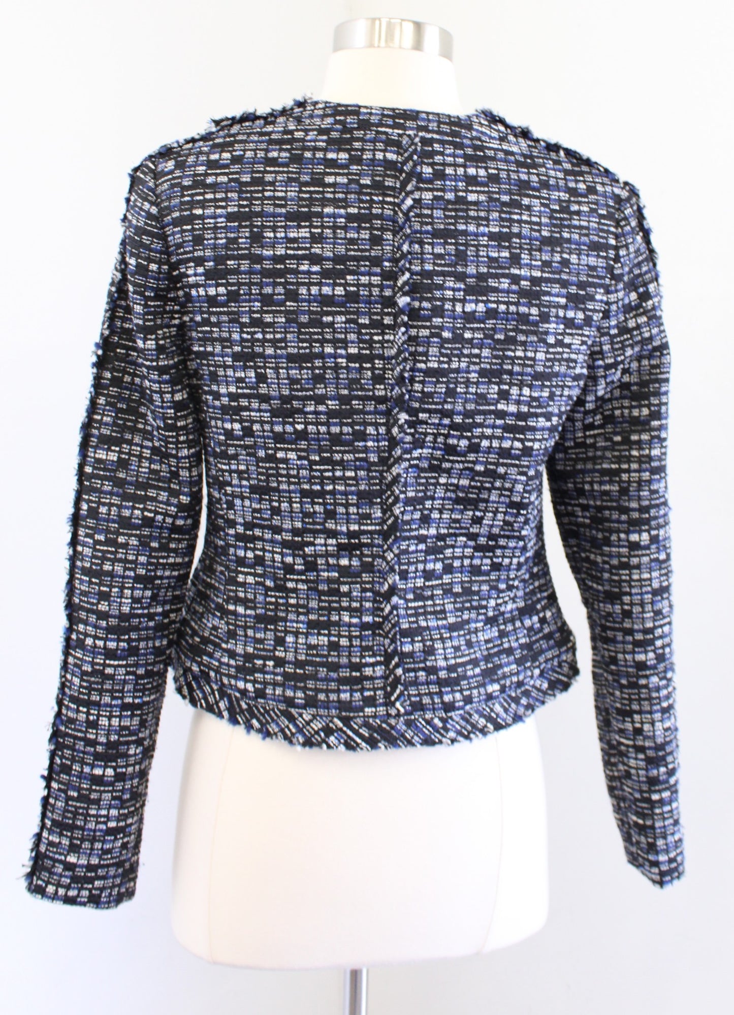 Banana Republic Black Blue Tweed Fringe Trim Cropped Blazer Jacket Zip Front 2