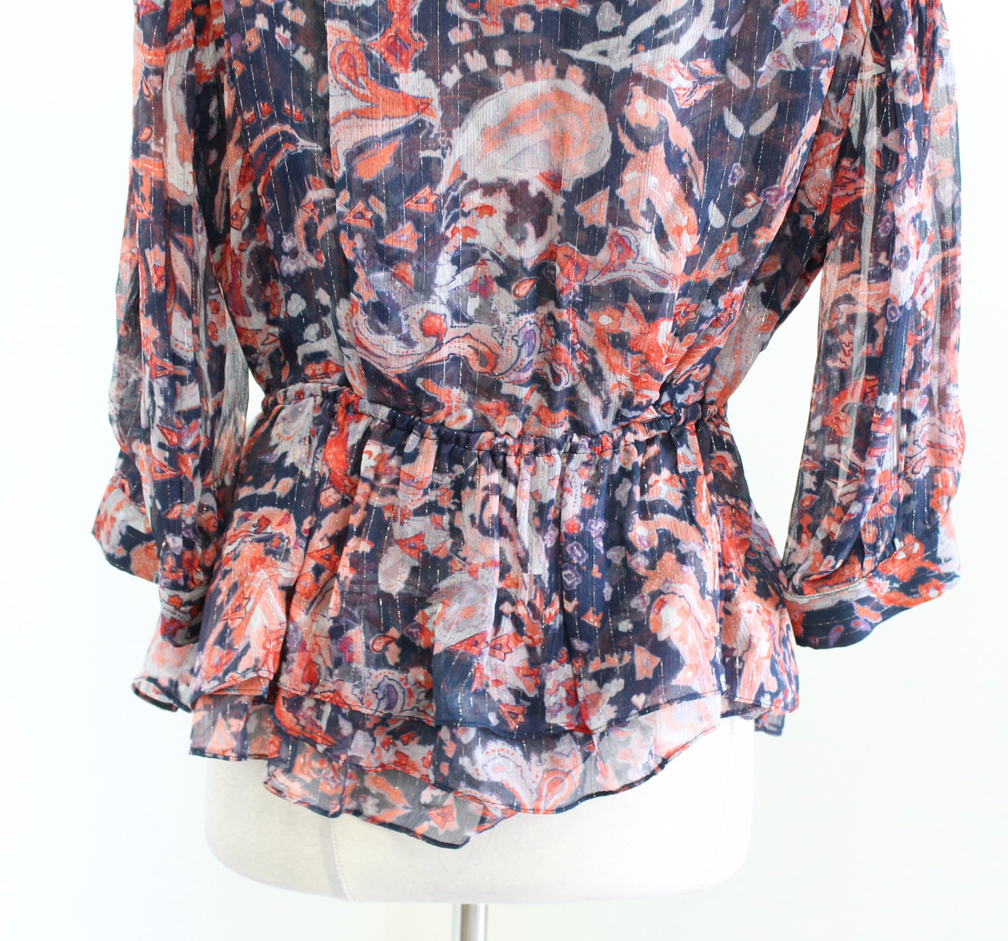 New IRO Saola Metallic Wrap Effect Peplum Top Blouse Size 40 Blue Paisley NWOT